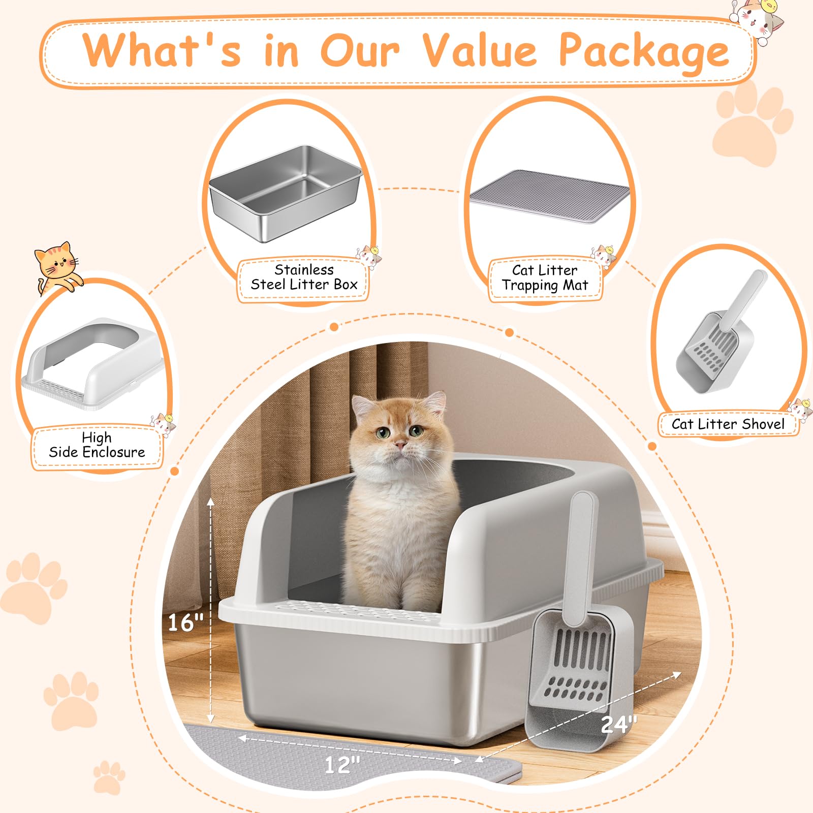 2 Pack Stainless Steel Litter Box, 24'' Xl Extra Large Cat Litter Box With Lid, Metal Litter Boxes For Multiple Cats, Anti-Leaka