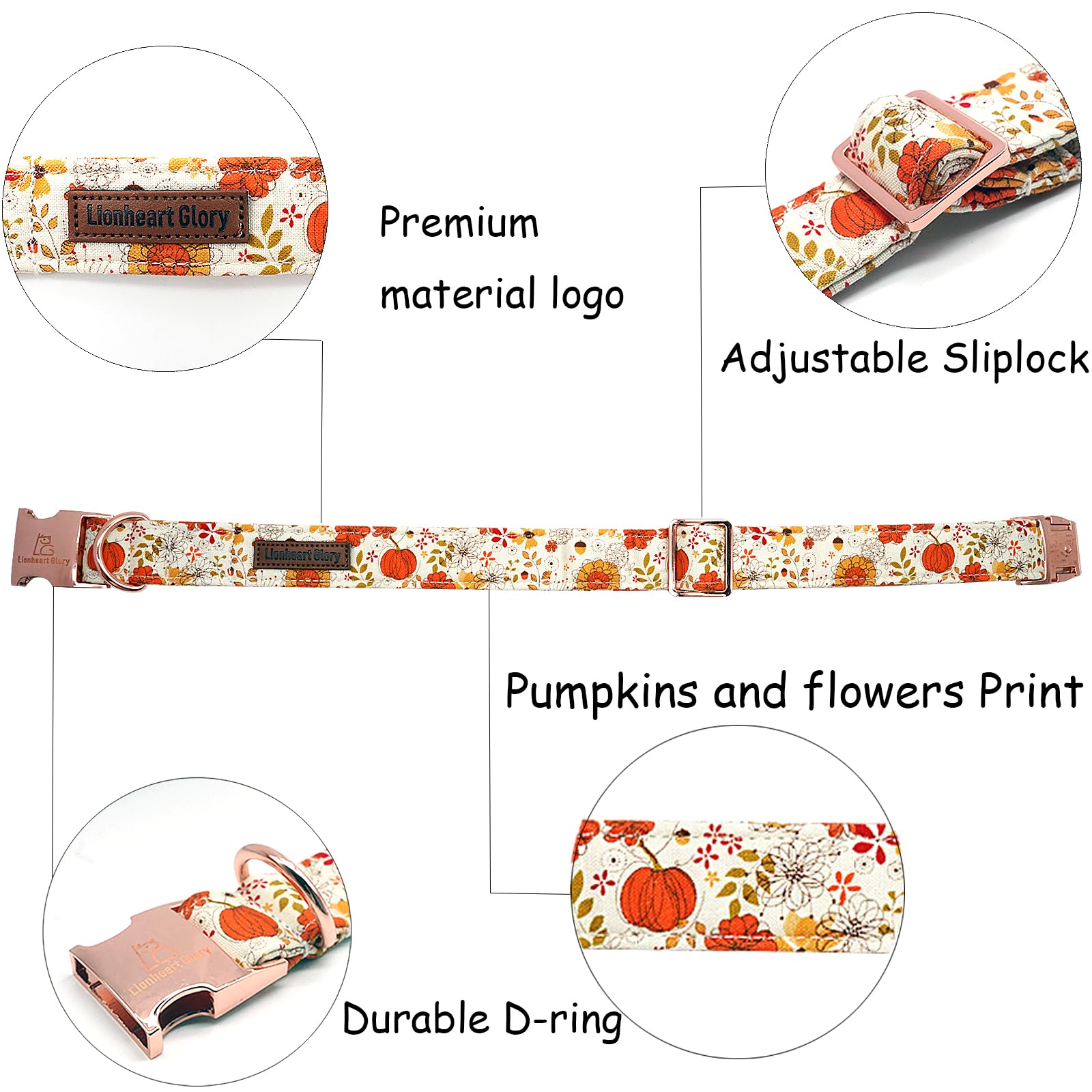 Lionheart Glory Adjustable Heavy Duty Dog Collar for Large Dogs - Pumpkin & Flower Halloween Design, Perfect for Fall Festivities