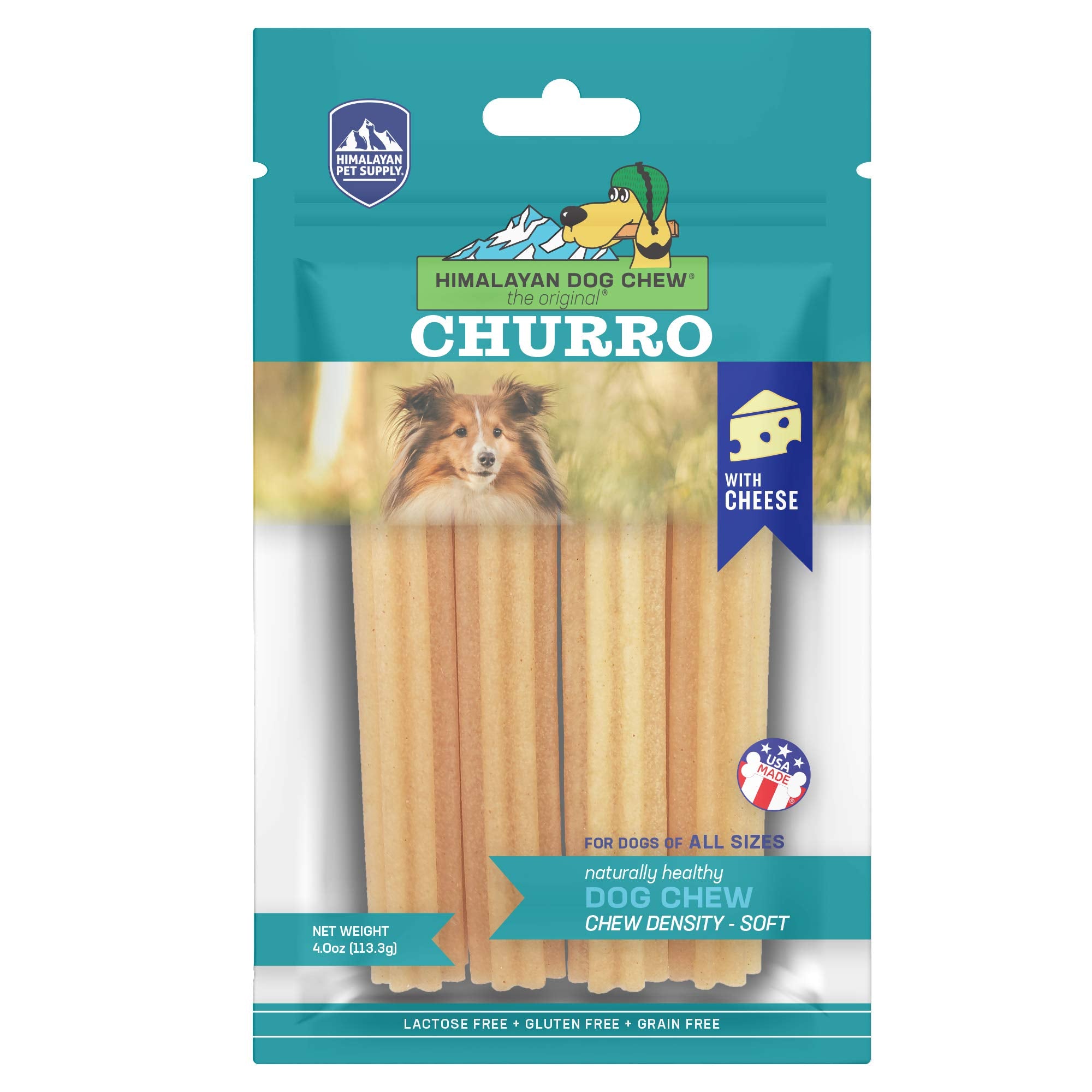 yaky CHURRO Himalaya Cheese Treats  Lactose Free  Gluten Free  Grain Free  USA MADE  for All Breeds  4 CHURROs per Pouch  Origin