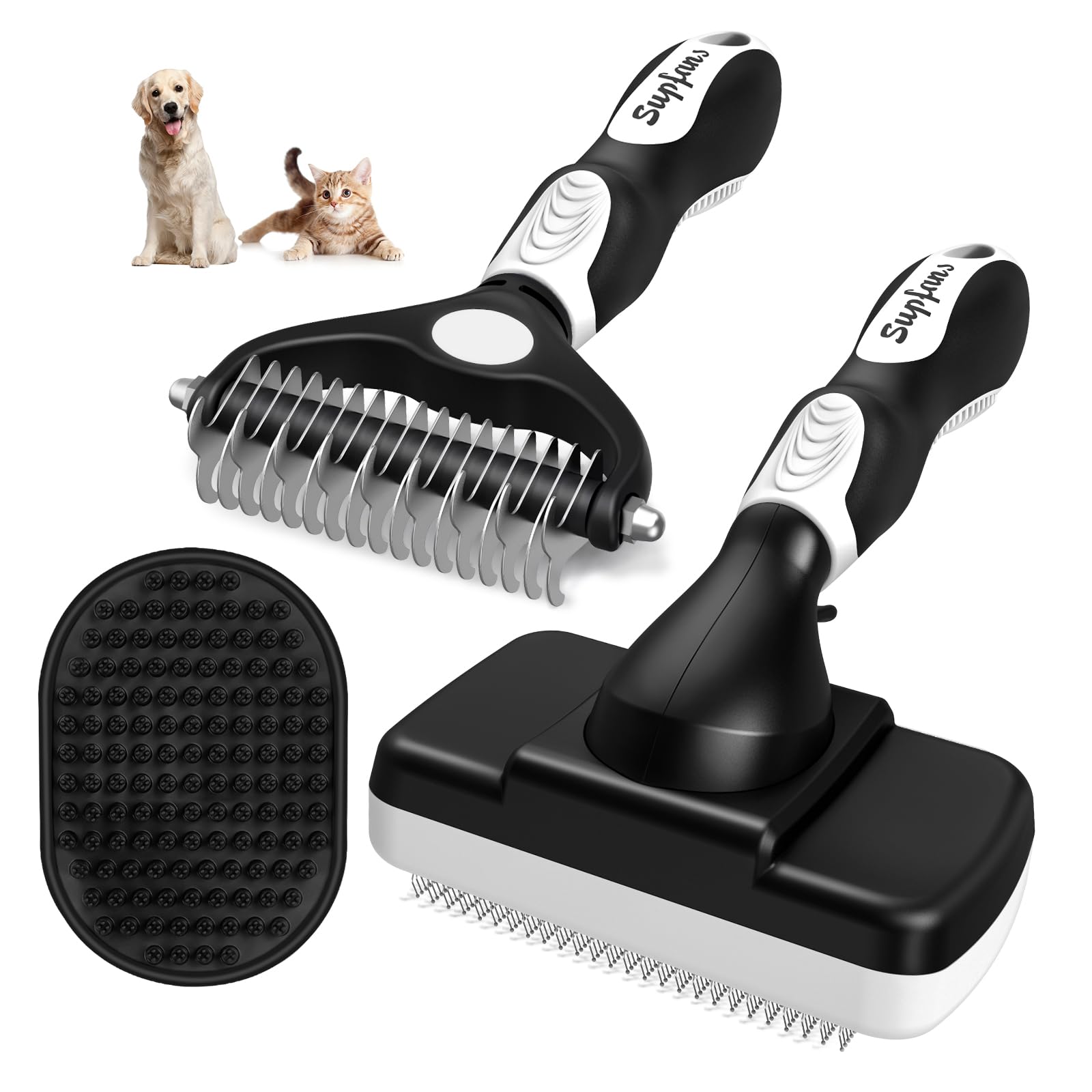 Augwind 3-Piece Dog Brush Set - Slicker Brush & Comb for Shedding & Bathing - Premium Pet Supplies (White & Black)