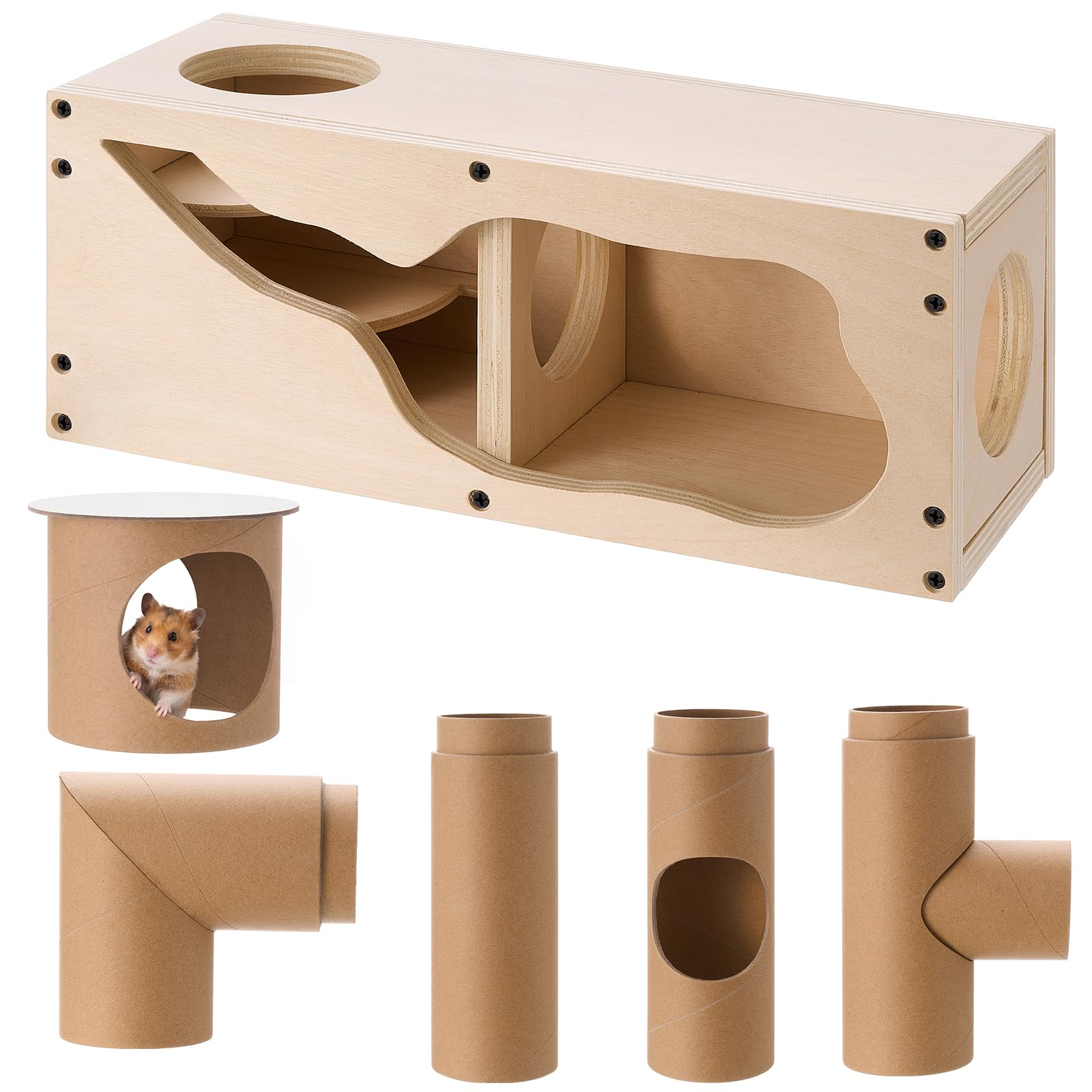 AceOrbit Hamster Tunnel Tubes and Wooden House Set, Composable DIY Hamster Tunnels and Hideout, Small Animal Tube for Mouse Gerb