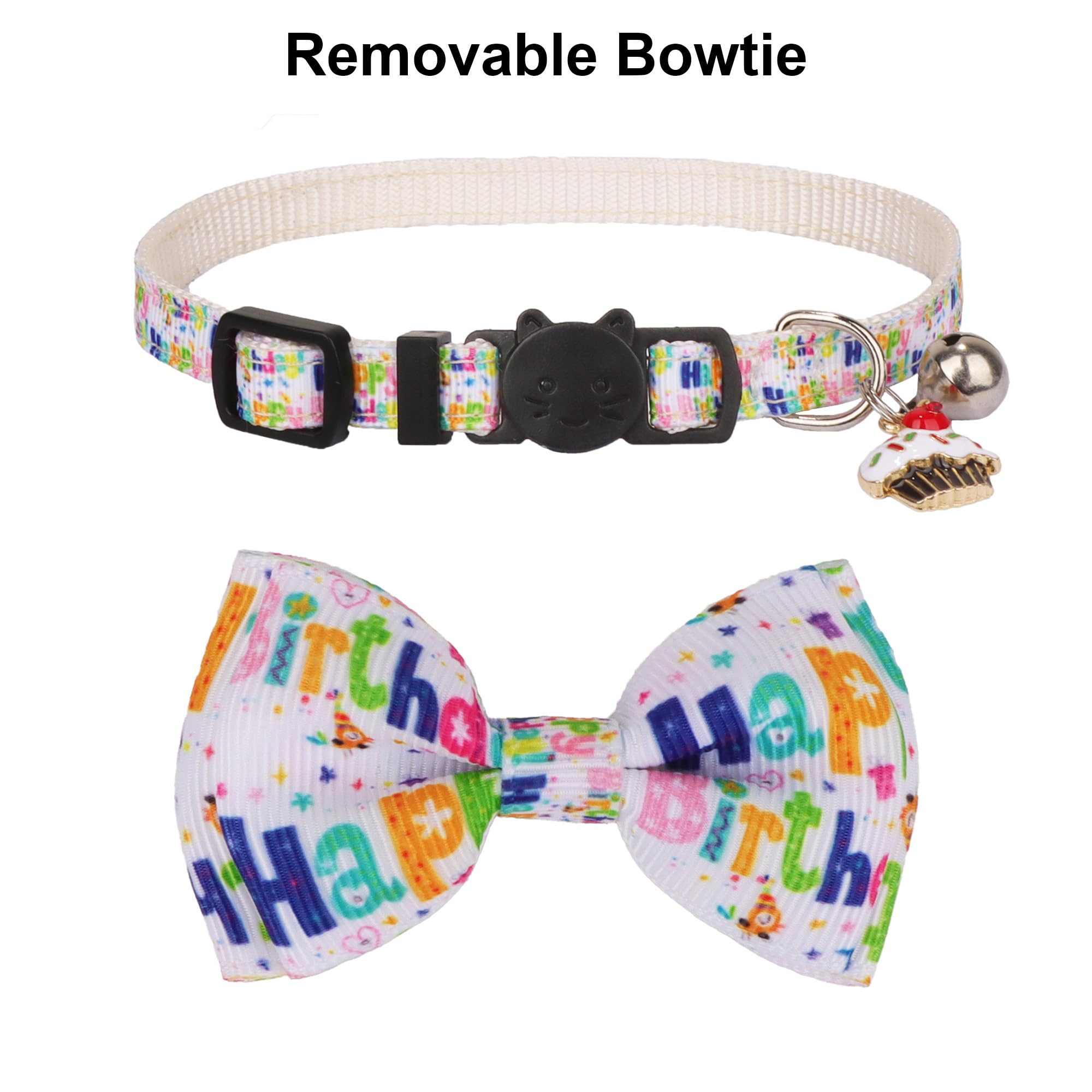 Adoggygo Birthday Cat Collars With Bow Bell, Breakaway White Blue Happy Birthday Bowtie Collars For Cats Kittens