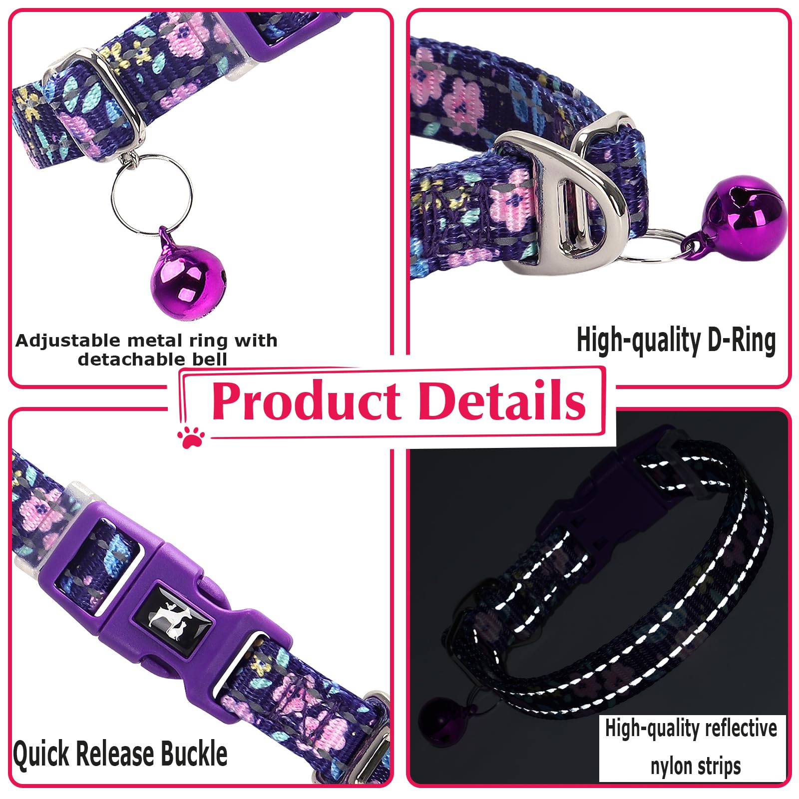 Soft Nylon Xxs/Xs Dogs Collar With Bell - Reflective, Adjustable & Lightweight For Puppy, Comfortable & Safe For Everyday Use (P