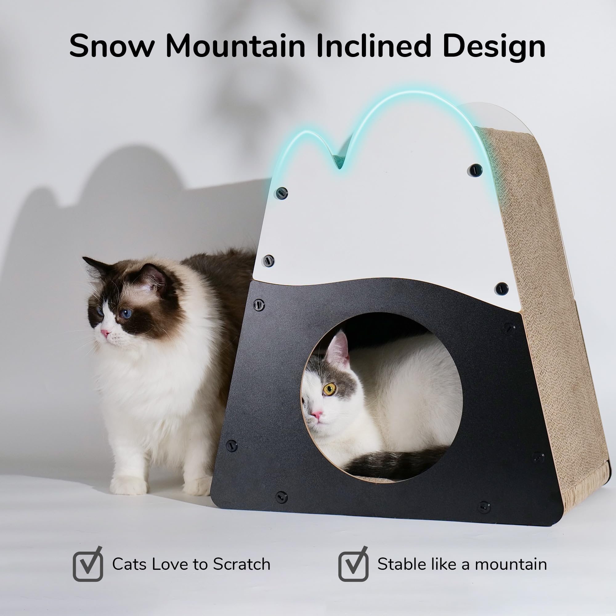 FUKUMARU Cat Scratcher House - 19.5" Mountain Shape Cardboard Lounger, White & Black, Durable Indoor Bed for Cats, Model SH04