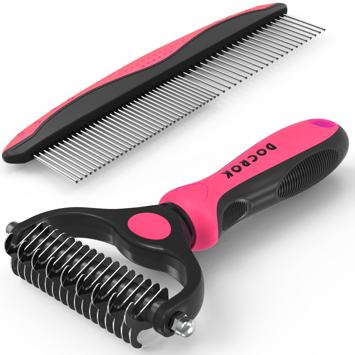 Docrok Pet Grooming Brush And Metal Comb Combo, Cat Brush Dog Brush For Shedding, Undercoat Rake For Dogs Grooming, Dematting Deshedding Brush Dogs Shedding Tool For Long Matted Haired Pets, Pink