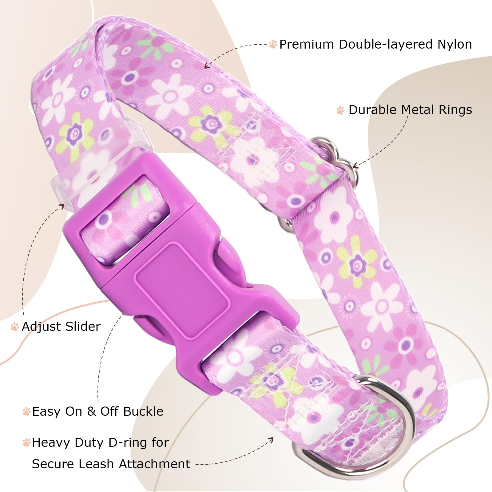 Girl Dog Collar With Purple Floral Patterns, Adjustable Cute Soft Pet Collar With Quick Release Buckle For Small Medium Large Xl