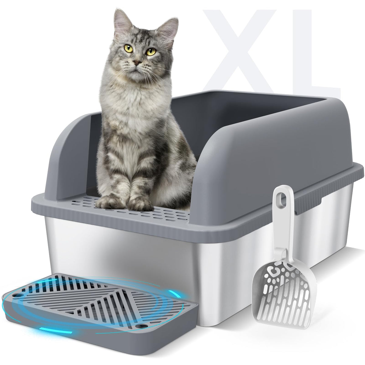 Suzzipaws Enclosed Stainless Steel Cat Litter Box With Lid Extra Large Litter Box For Big Cats Xl Metal Litter Pan Tray With High Wall Sides Enclosure, Non-Sticky, Anti-Leakage (Grey)