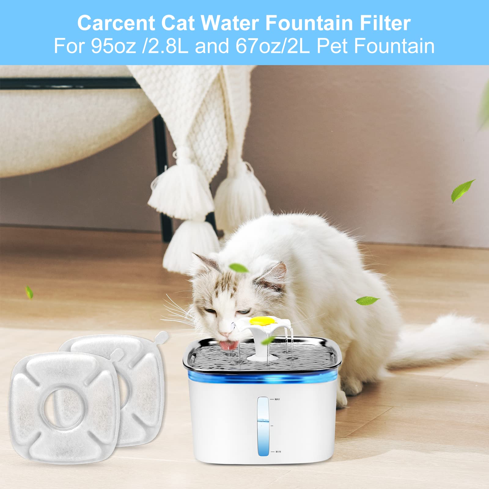Carcent Cat Water Fountain Filters - 16 Pcs Replacement Filters & Sponges For 95Oz & 67Oz Fountain