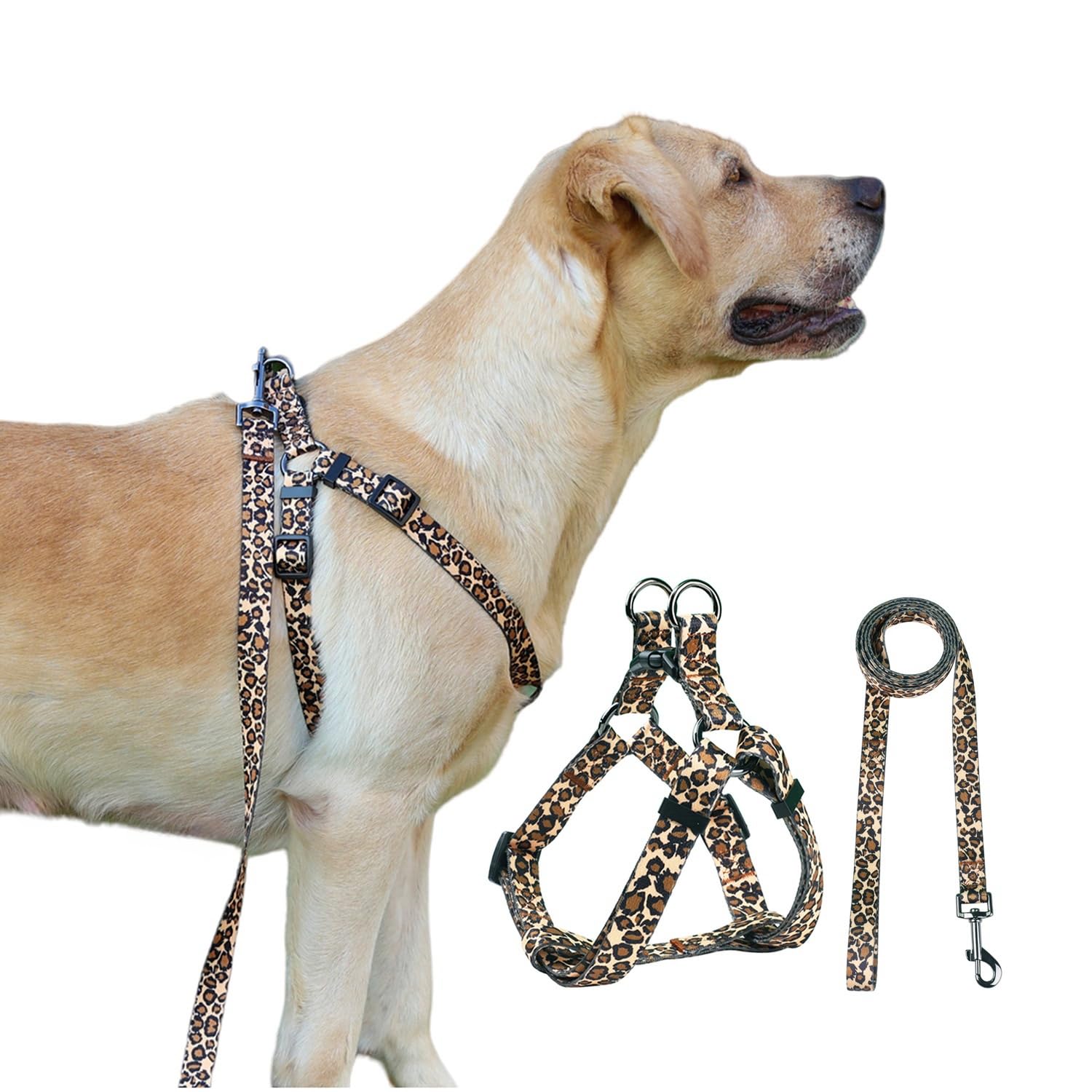Olahibi Harness And Leash Set, Leopard Pattern, 5Ft Matching Leash, No Pull, Easy Wear For Medium Dogs.(M, Brown Leopard)