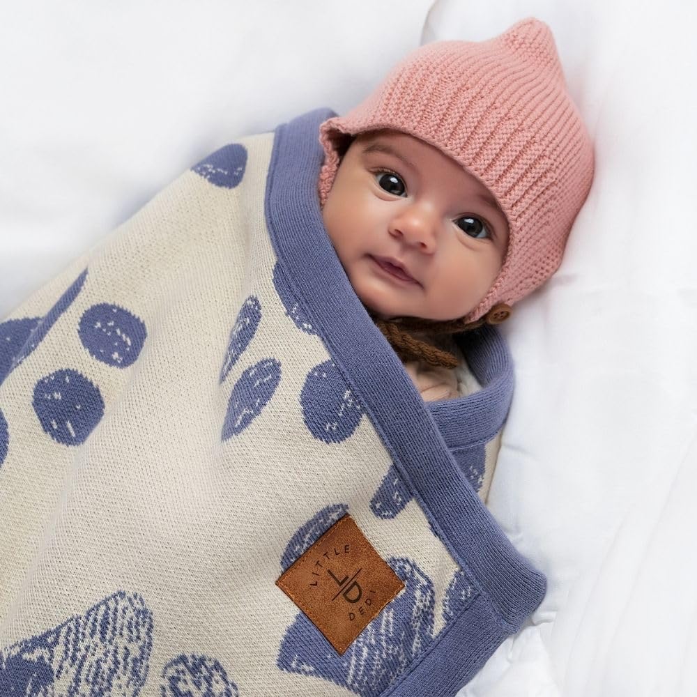 Little Dedi Small Pet Blanket - 100% Organic Cotton, Double Layer Plush Sherpa, Soft Plush, Blue Paw Jacquard Knit, 30''X38'', S