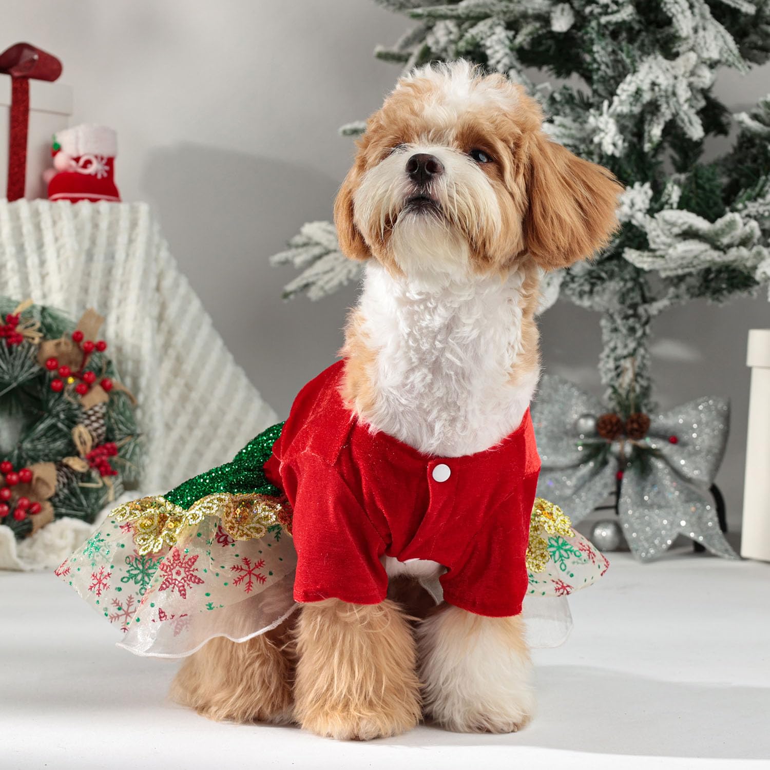 Muyaopet Merry Christmas Dog Dress Costume,Sparkly Pet Holiday Tulle Dress,Pet Winter Clothes For Small Dogs Girl,Cat Apparel (M
