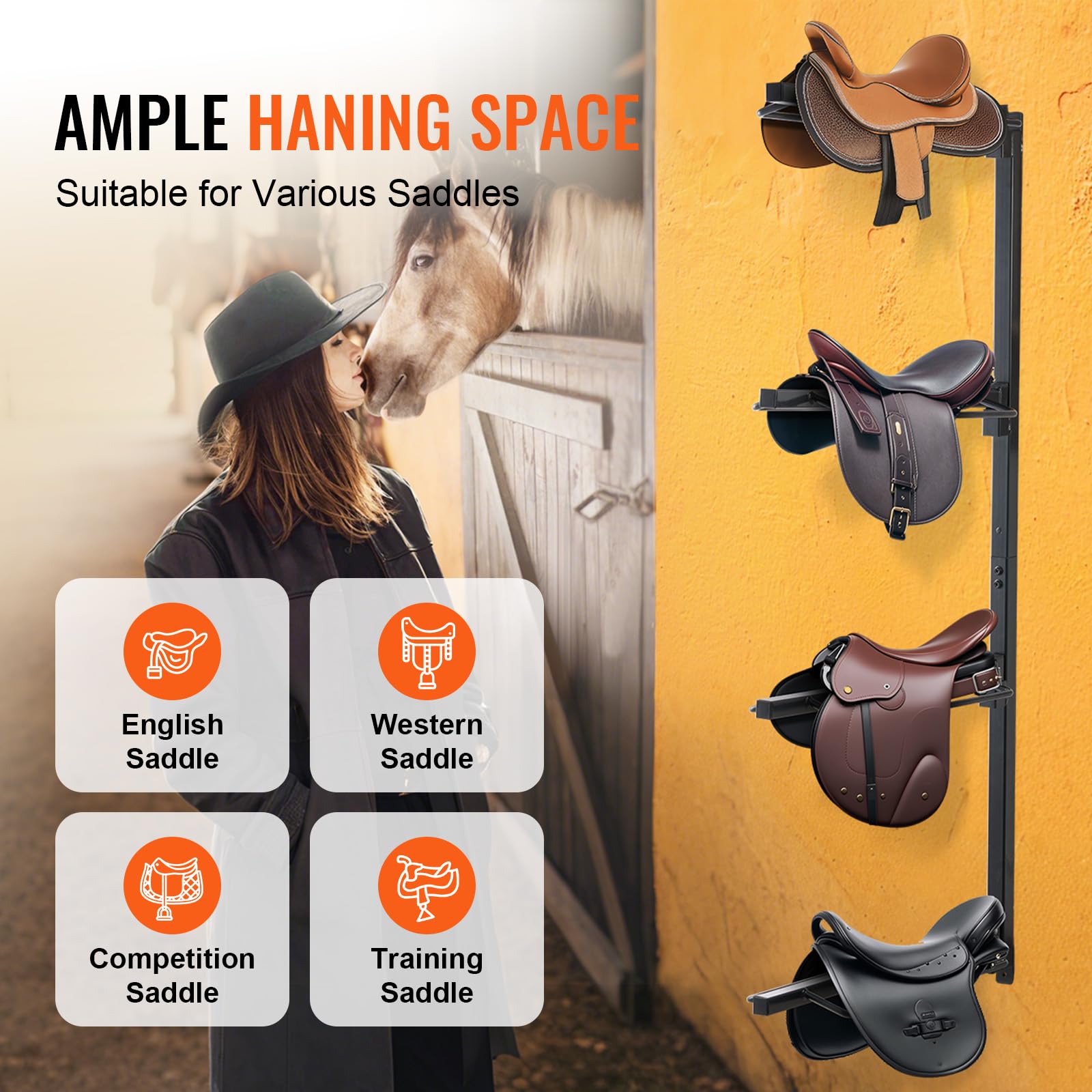 VEVOR Wall Mount Saddle Rack, 24 x 7 x 52 in, Four Tiers Horse Saddle Storage Rack, Heavy Duty Equestrian Western and English Sa