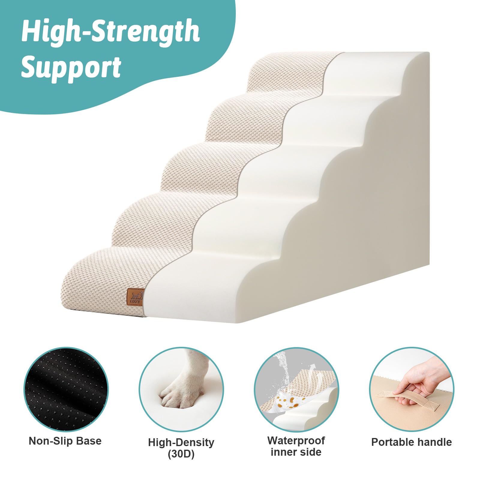 COZY KISS Extra Wide Dog Stairs - 5 Step Foam Pet Ramp, 19.7"x33"x22.4", Beige, for Small Medium/Large Dogs, High Bed/Car