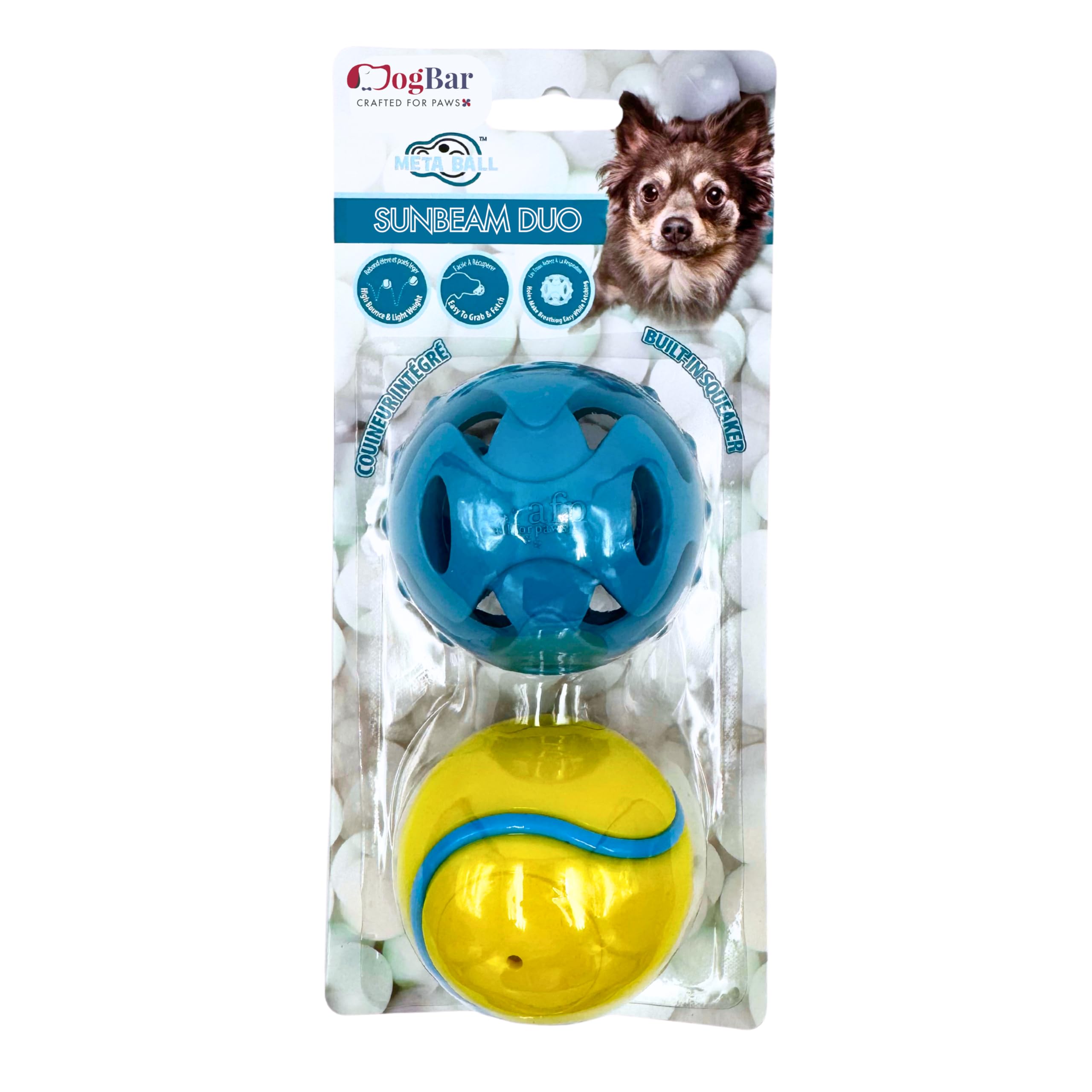 DOGBAR Sunbeam Duo Twin Pack Dog Balls (2 pcs) | Blue/Yellow, Squeaky, High Bounce, Floats on Water, Durable, NonToxic Rubber T