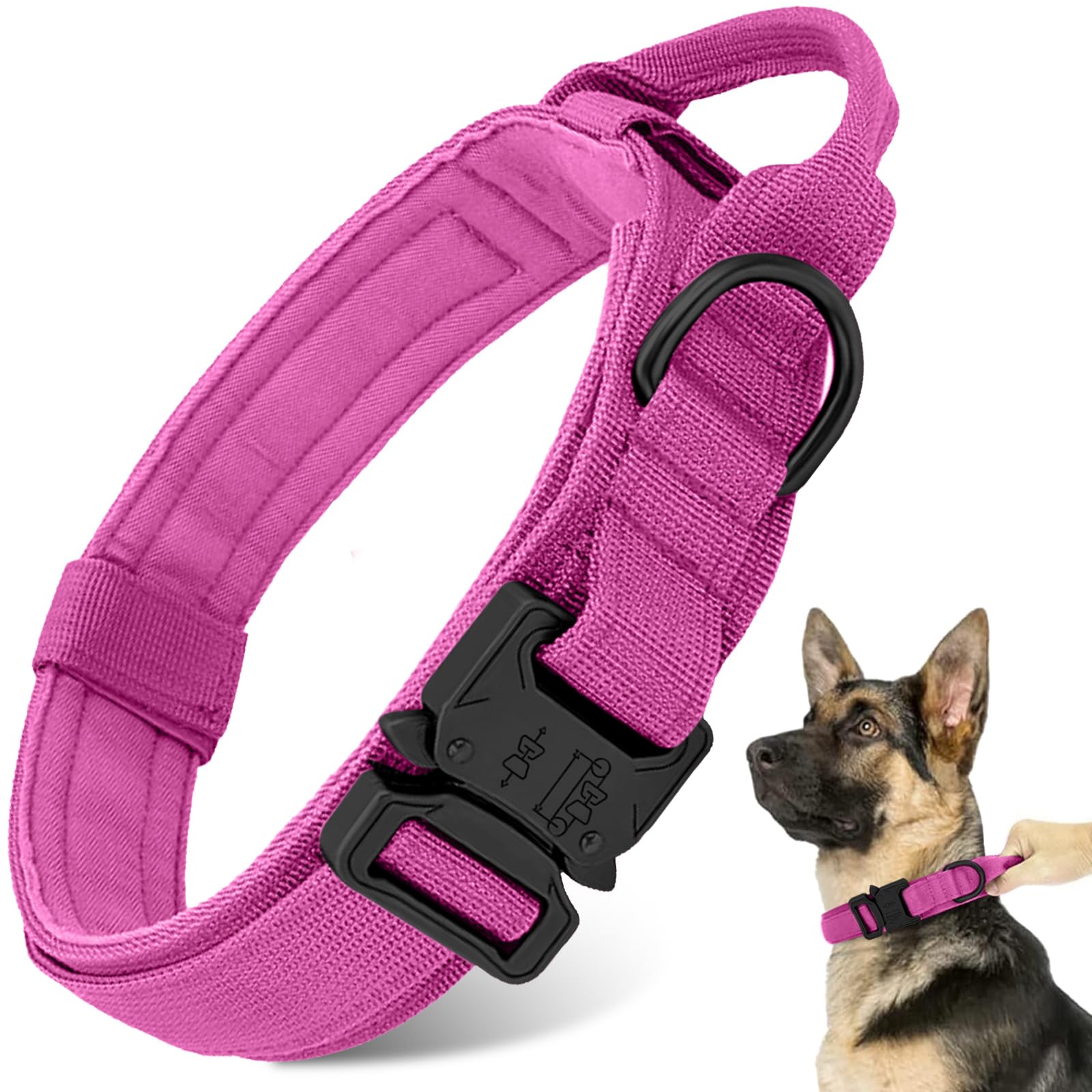Tactical Military Dog Collar - Adjustable Heavy Duty Metal Buckle Nylon Collar With Control Handle For Small To Large Dogs (Pink