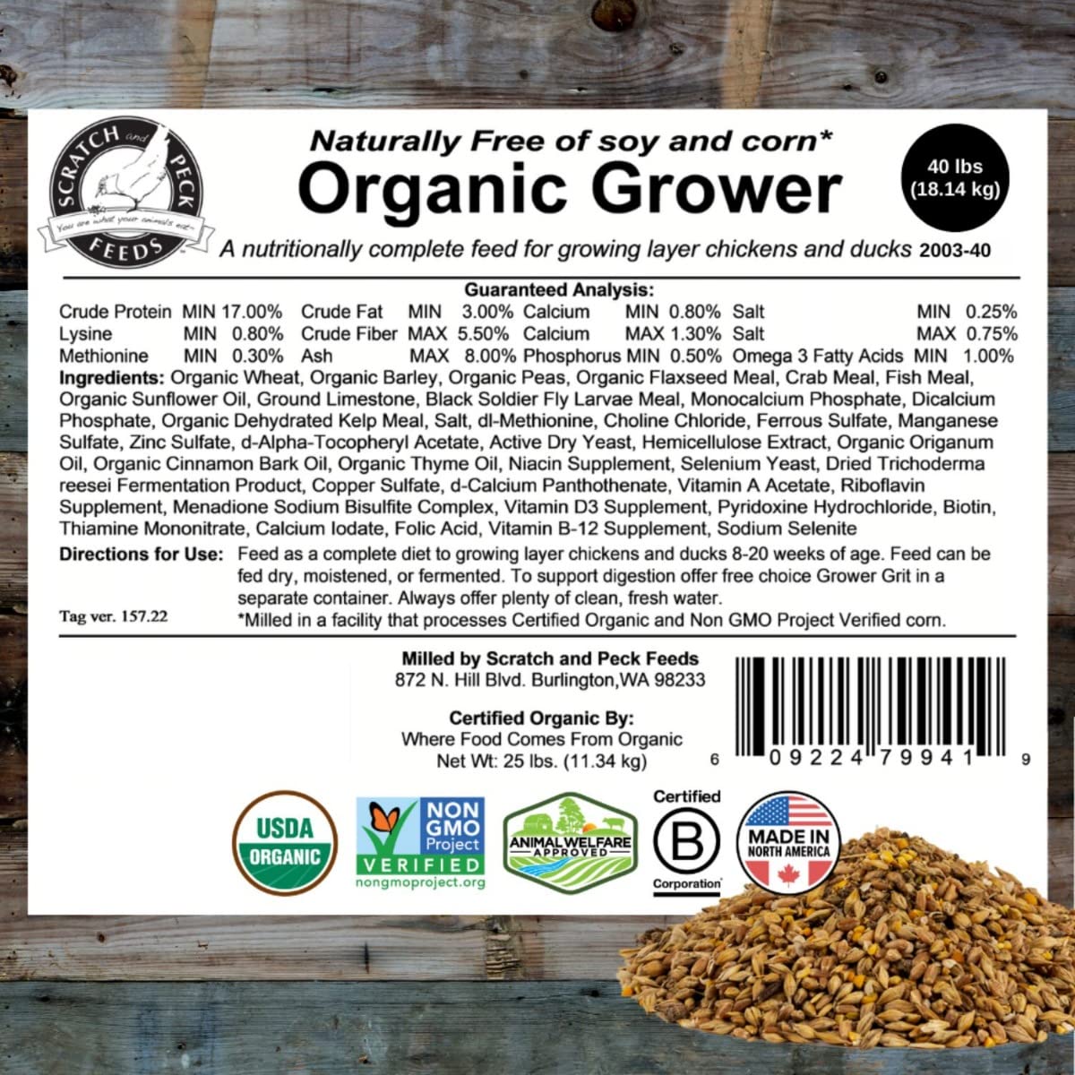Scratch and Peck Feeds Whole Grain Grower Mash Chicken and Duck Feed - 40 lbs Bag - Corn-Free and Soy-Free - 17% Protein, Certif