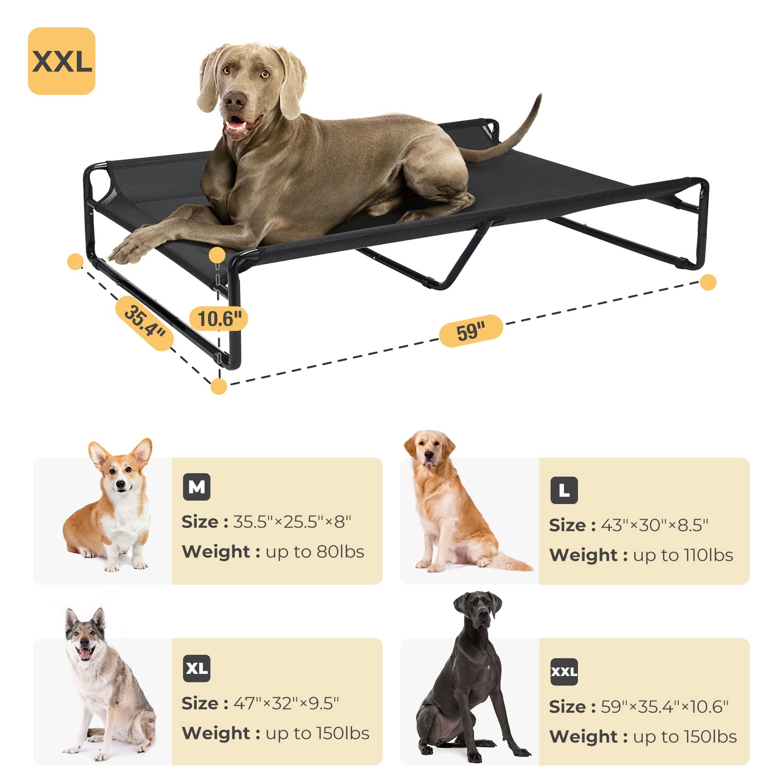 Veehoo Original Cooling Elevated Dog Bed, Outdoor Raised Dog Cots Bed For Large Dogs, Chew Proof Standing Pet Bed With Washable Breathable Mesh, No-Slip Feet For Indoor Outdoor, Xx-Large, Black