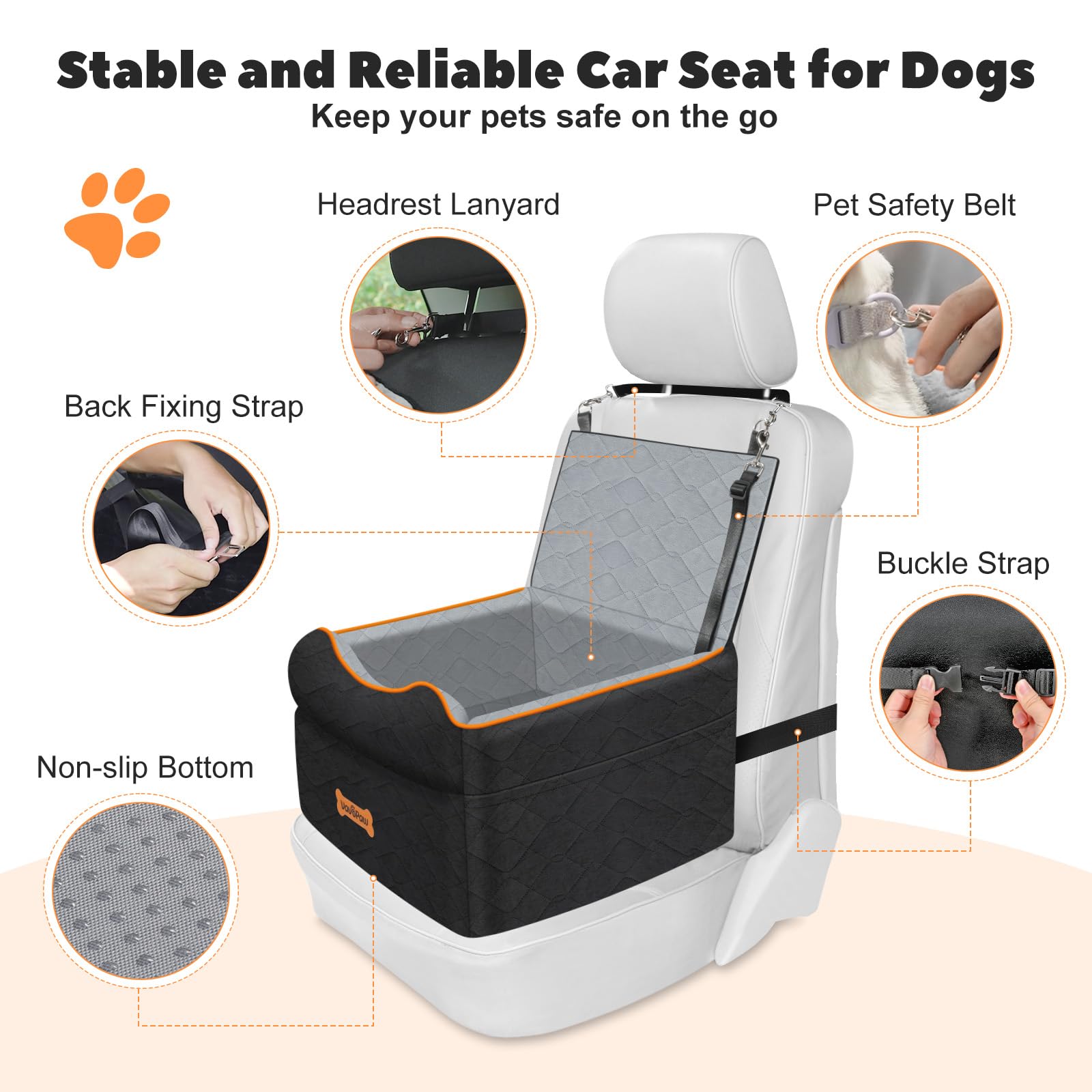 VavoPaw Small Dog Car Seat, Waterproof Dog Booster Seat with Thick Cushion & Safety Leash, Removable Car Back Seat Bed for 1 Sma