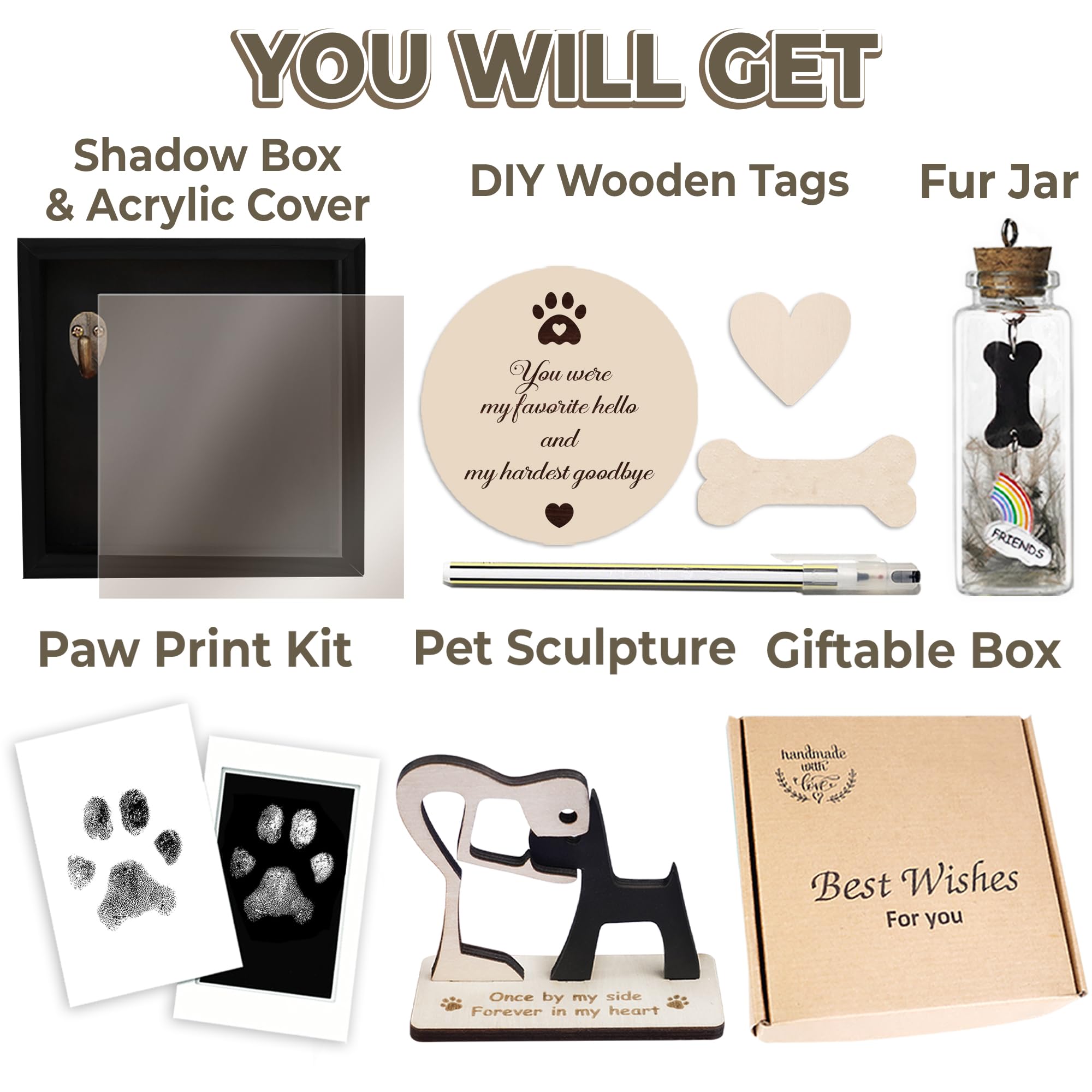 8.6'' Pet Shadow Box Memorial Gift Rustic Collar Holder Picture Frame Paw Print Kit Dog Wooden Sculpture Pet Ashes Fur Jar Rainb