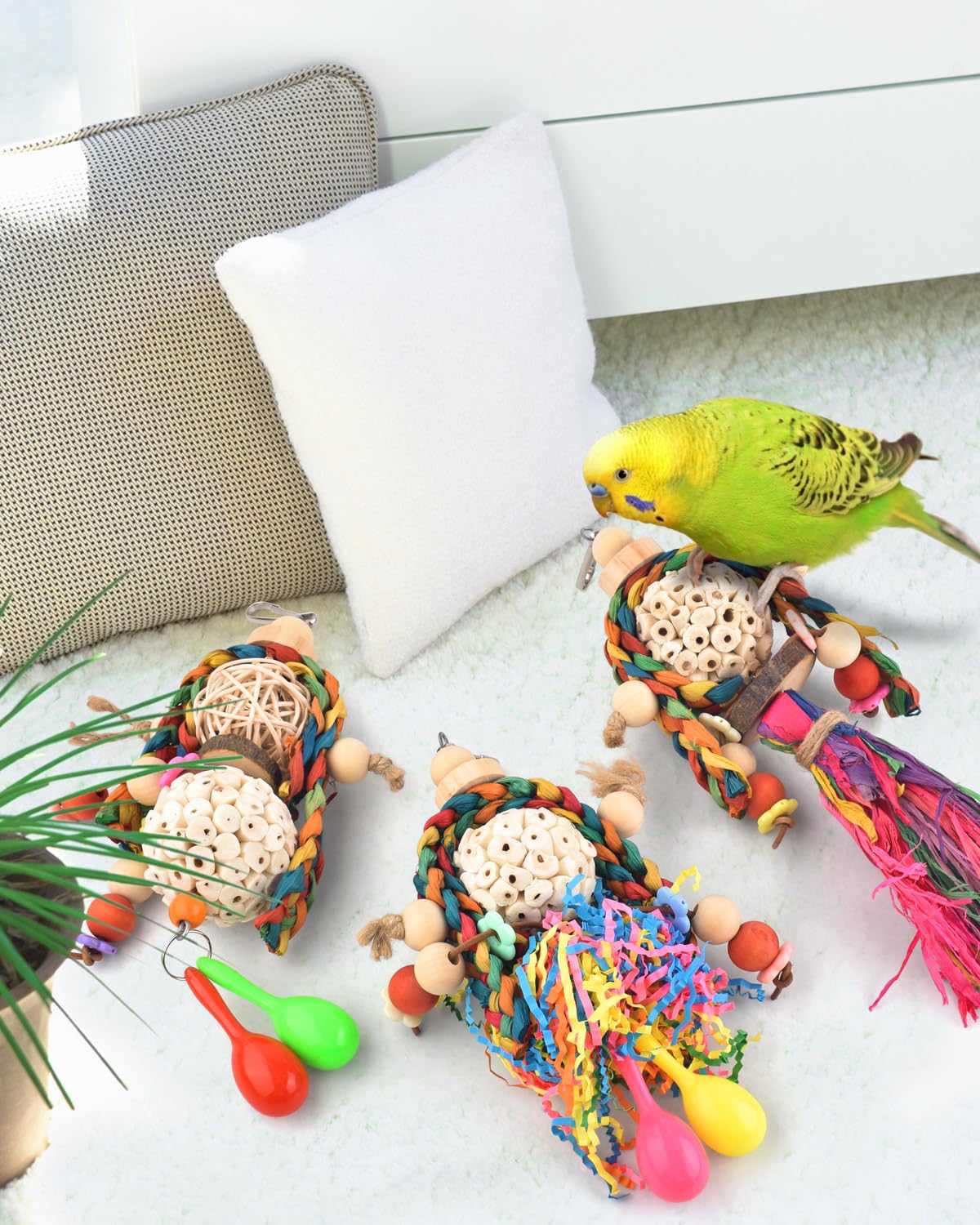 Bissap 3Pcs Bird Parrot Foraging Shredder Hanging Toys Sola Balls With Sand Hammer For Small Parrots Parakeets Conures Cockatiel