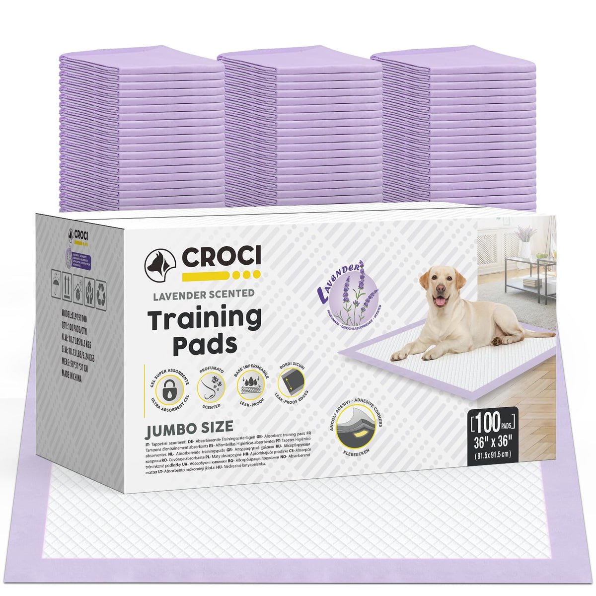 CROCI Dog Pads 100 Pack 36x36 Jumbo Size Lavender Scented Dog Pee Pads, Super Absorbent Up to 11 Cups with 6-Layer Leak-Proof & 
