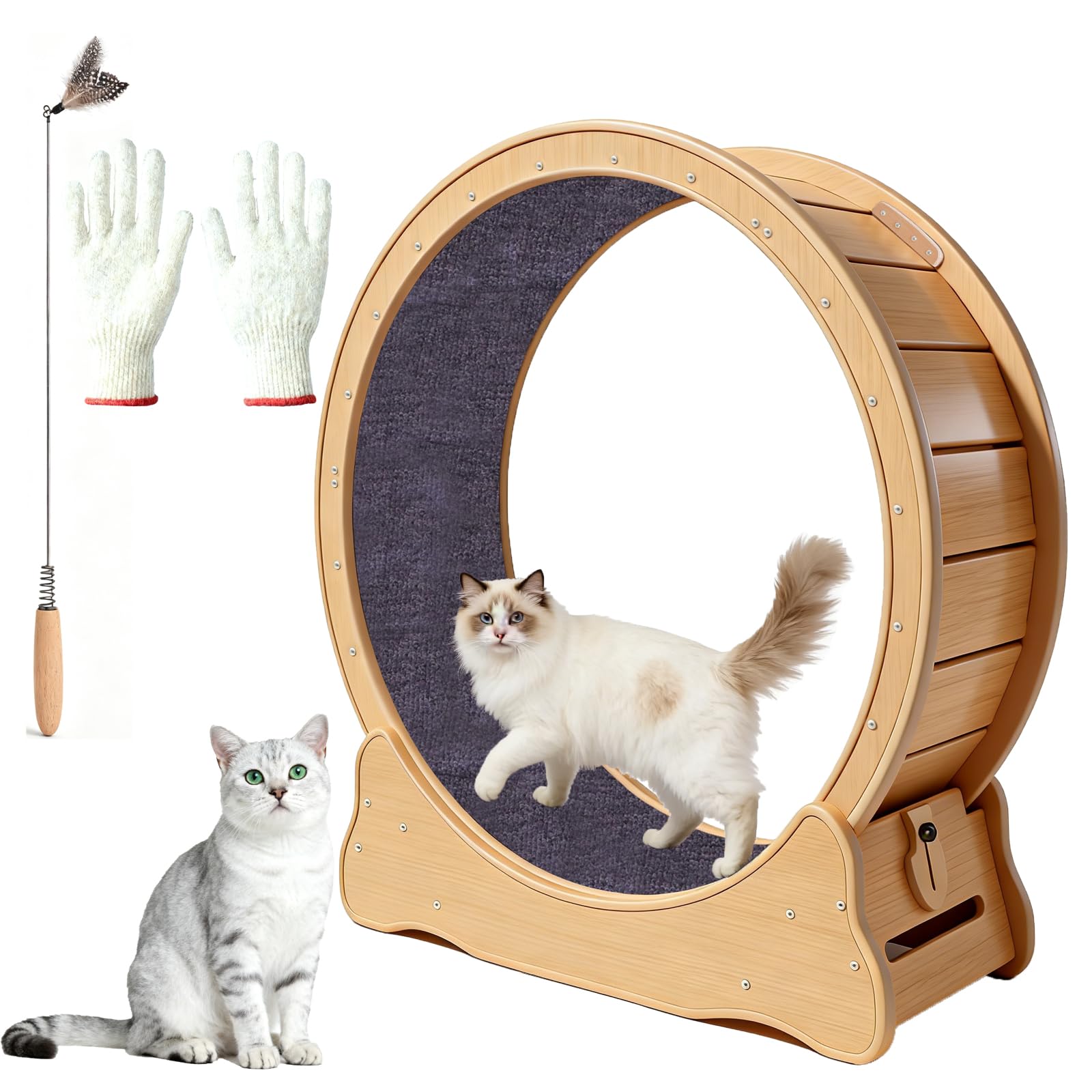 ZooVibe Cat Exercise Wheel Large - 35.4 Wooden Treadmill for Indoor Cats with Low Noise, Safety Lock, Detachable Carpet & Eco-