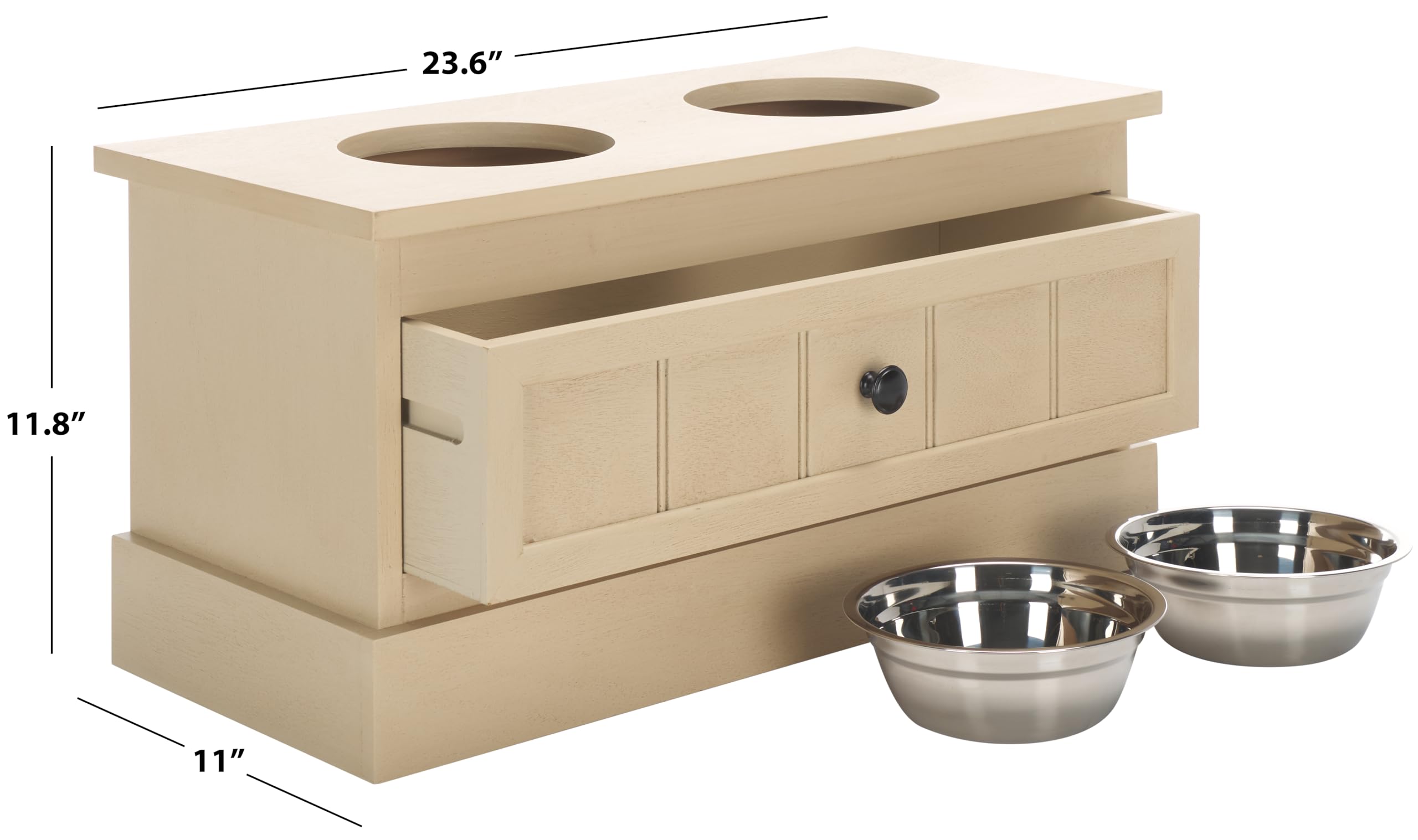 SAFAVIEH Home Collection Boomer Natural Brown Elevated Pet Feeder Dog Bowl Stand with Drawer (Fully Assembled)