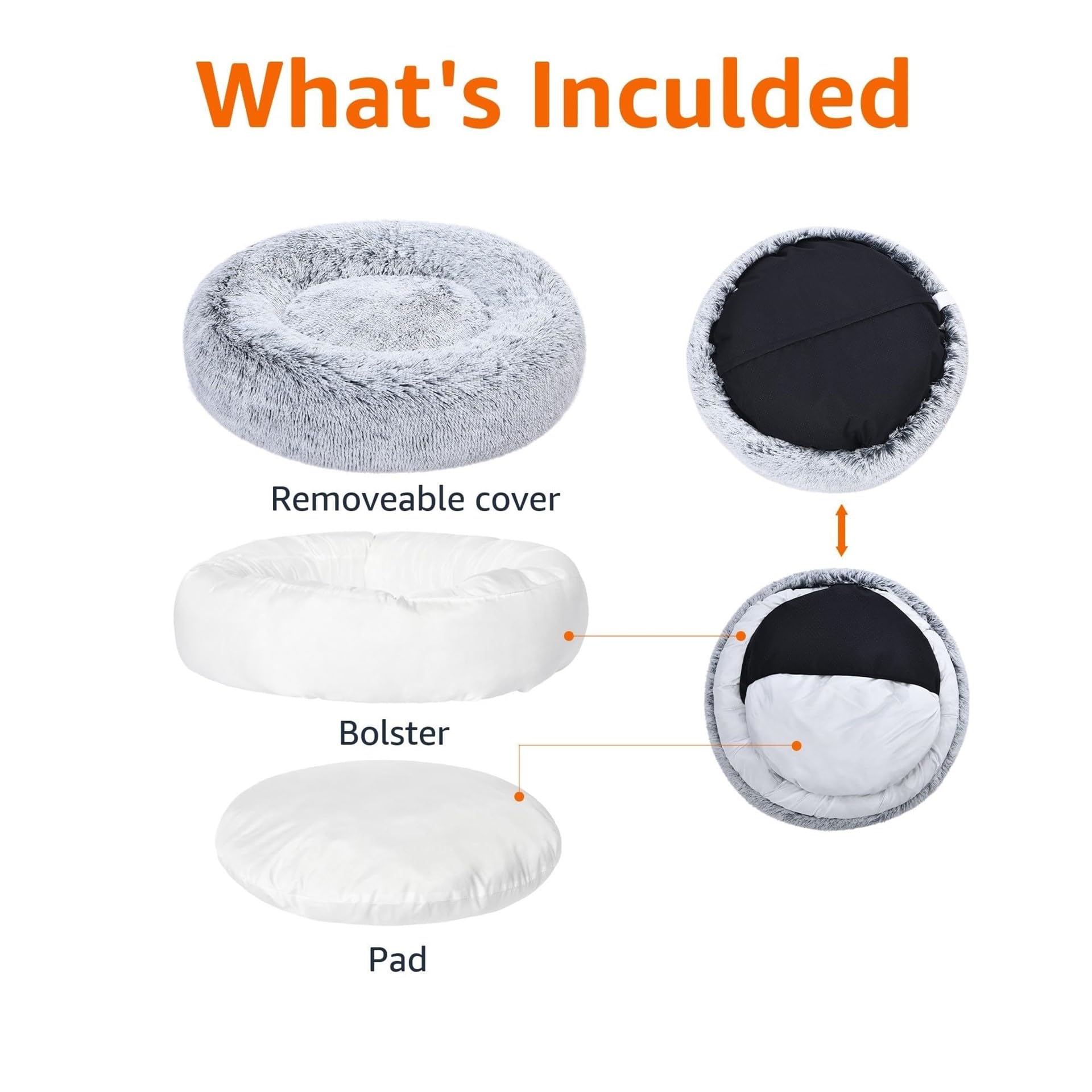 Amazon Basics Donut Pet Bolster Faux Fur Bed for Dog, Grey, 45'' x 45''