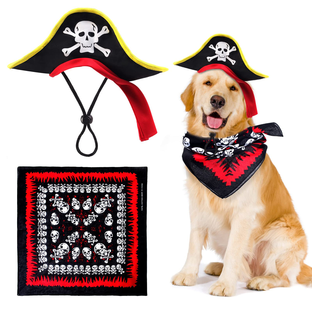 Aichiyu 2 Pieces Skull Print Pet Pirate Hat With Pirate Skull Bandana Dog Cat Captain Cap Halloween Pirate Cosplay Costume Halloween Party Hat Dress Up Costume Accessories (A) One Size