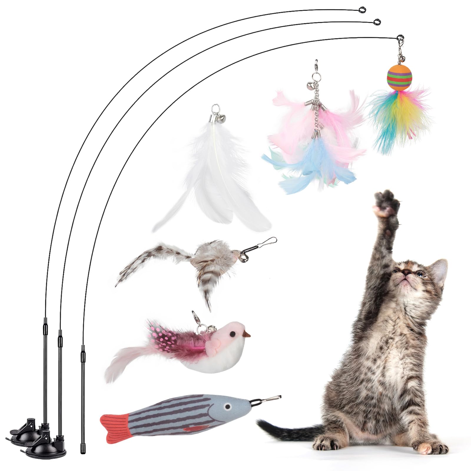 Greoil Cat Feather Toys, Interactive Cat Toy For Indoor Cats,Cat Wand Toys With 2 Suction Cup And 3 Wands, 3 In 1 Cat Toys For B