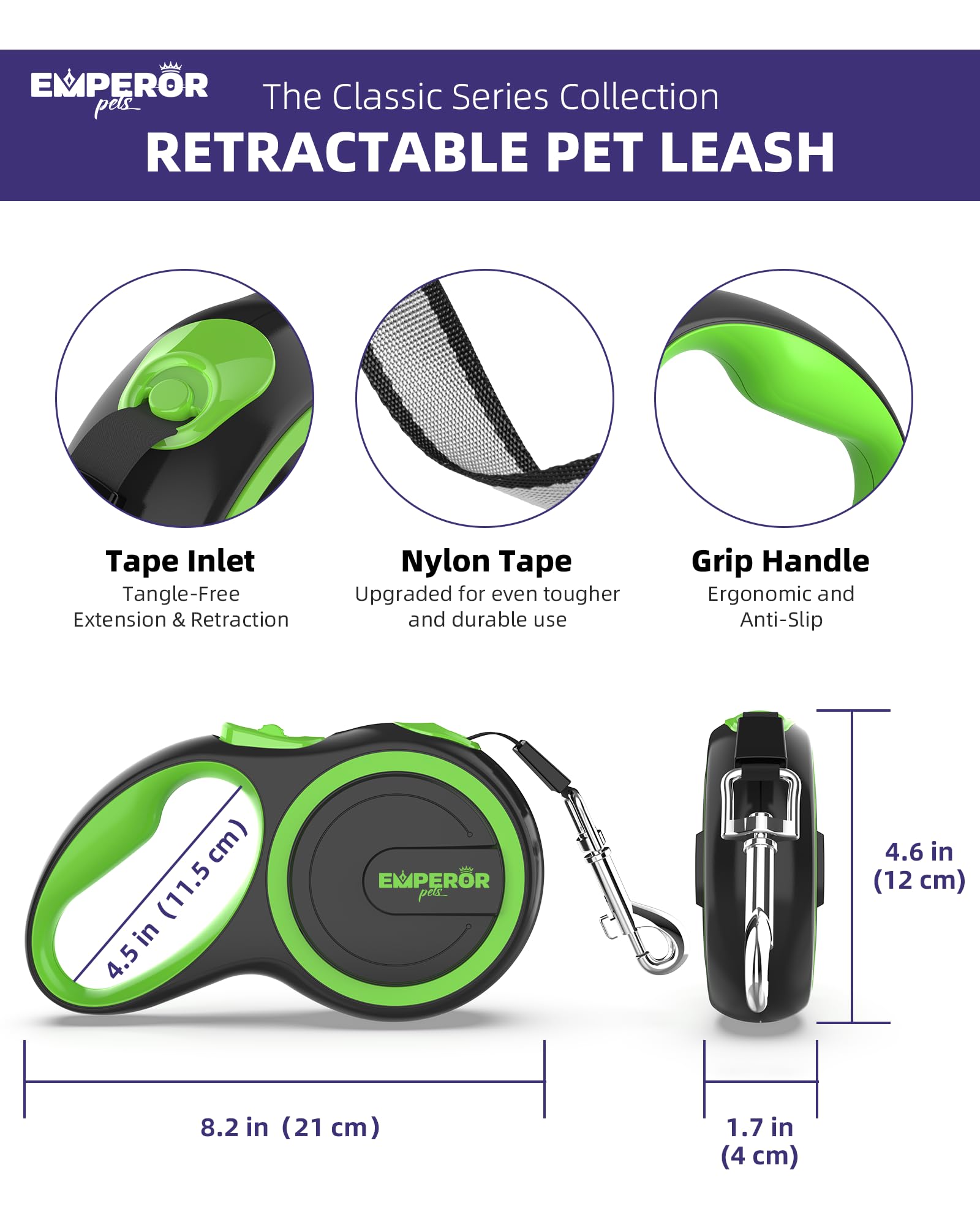 EMPEROR PETS Retractable Dog Leash for Large Dogs, Heavy Duty 26 ft Nylon, Green, Up to 110lb, Model EMP-HQL1-GN26