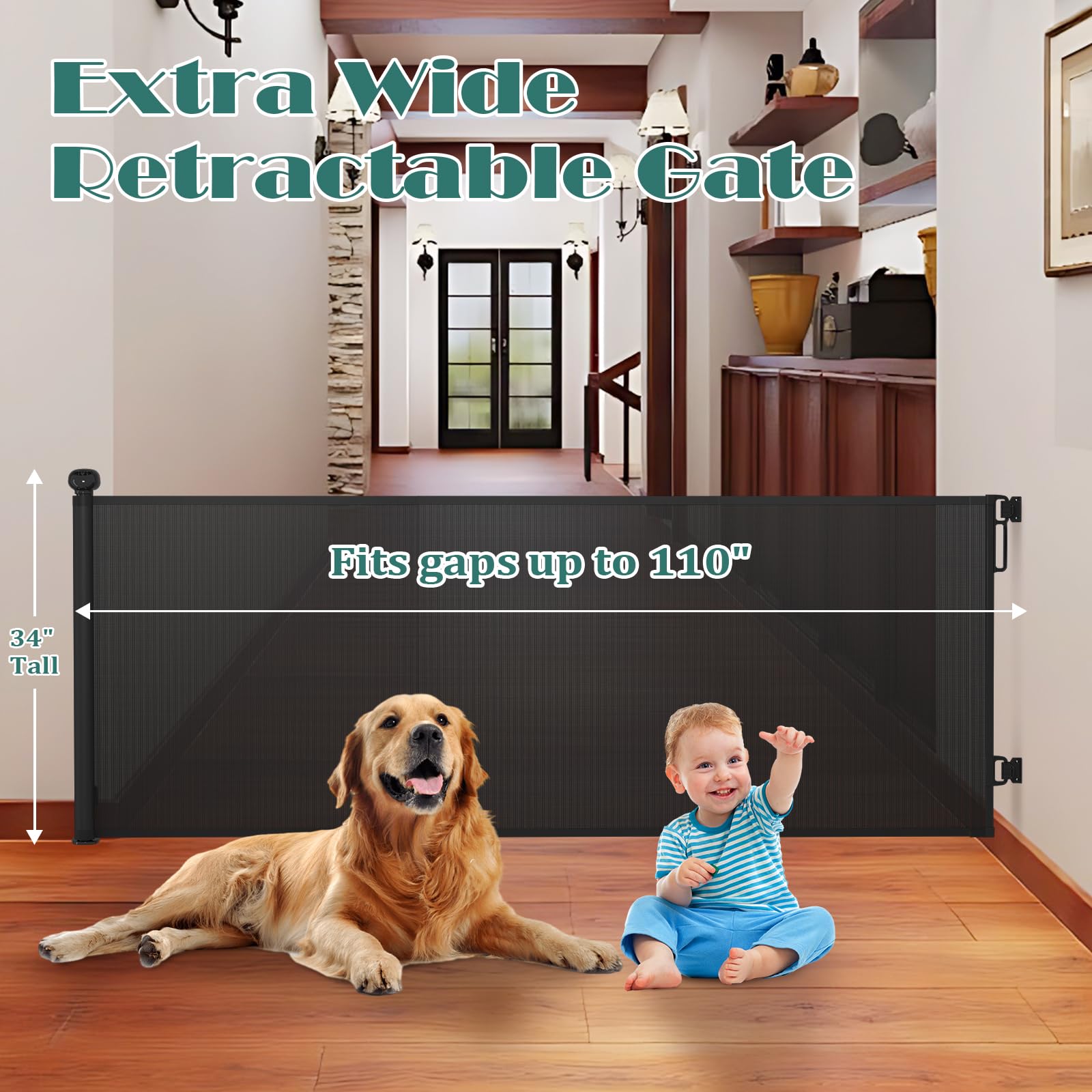 Babepai Retractable Baby Gates Extra Wide | 110' Wide X 34' Tall Dog Gates For Stairs | Indoor/Outdoor Use | Child Gates For Doorways, Deck, Porch, Hallways, Patio - Black