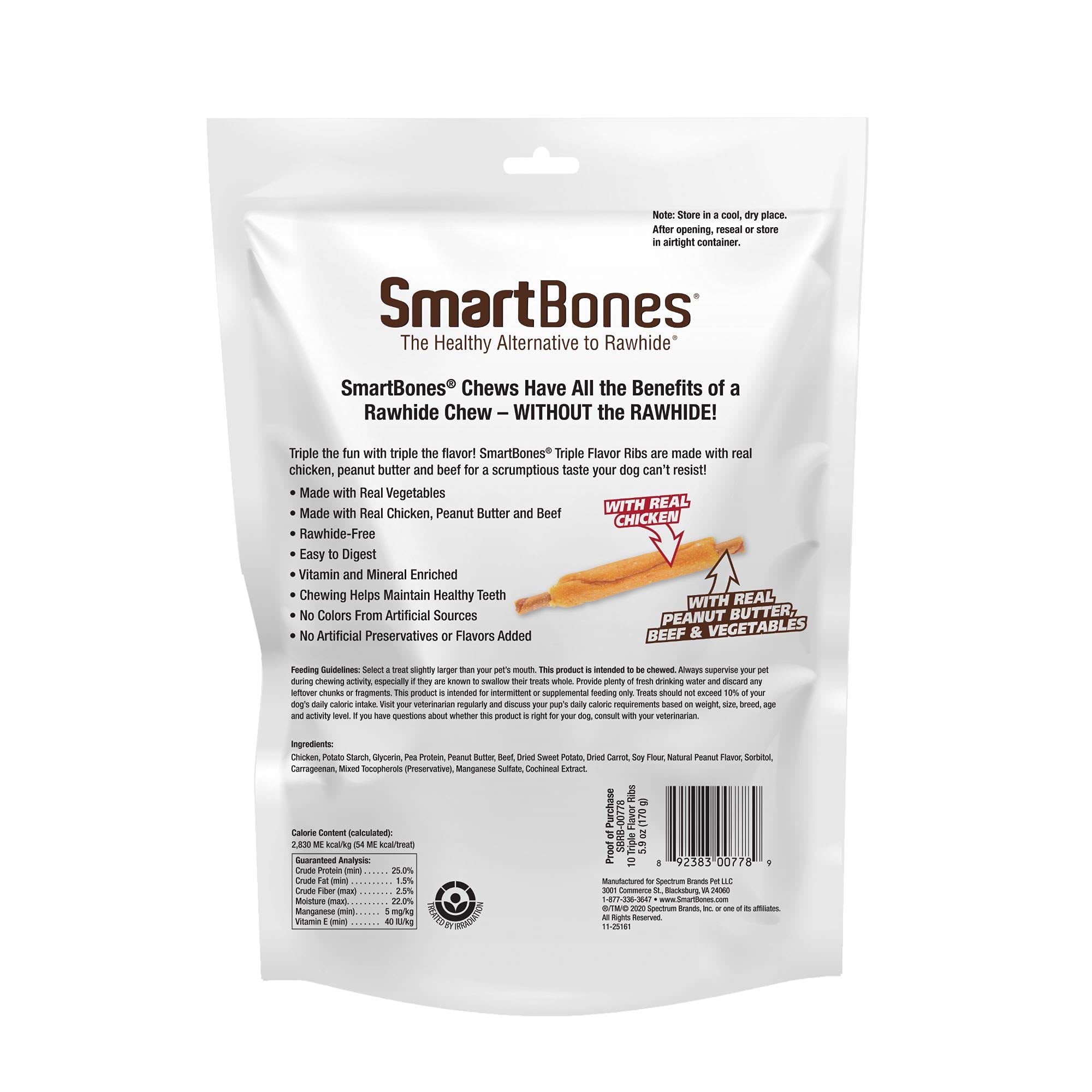 SmartBones No Artificial Colors or Preservatives Rib and Wing Chews, Treat Your Dog to a Fun Shapped Triple Flavor Chew 10 Count