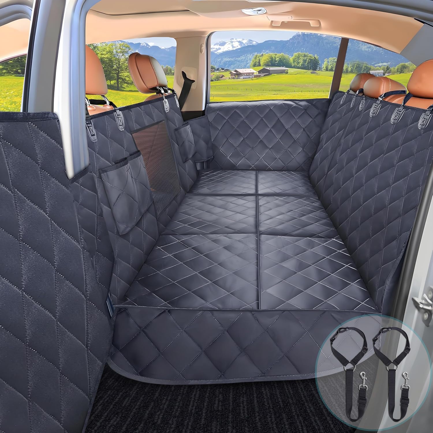 Hard Bottom Dog Seat Cover For Back Seat With Mesh Window & Door Protector + 2 Dog Seat Belts - Heavy Duty Pet Seat Protector Wi