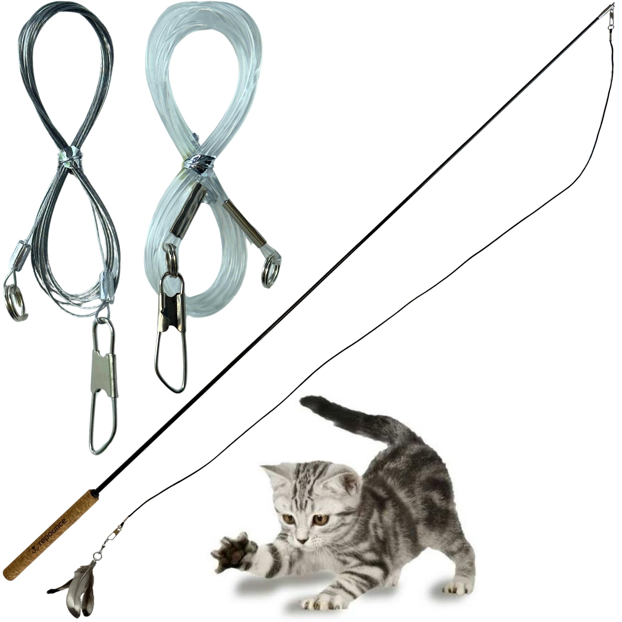 Forever Stick and 3 Strings including Chew Proof Metal Wire - The Unbreakable Cat Wand Toy, Durable Cat Toy Wand, Extra Long Cat