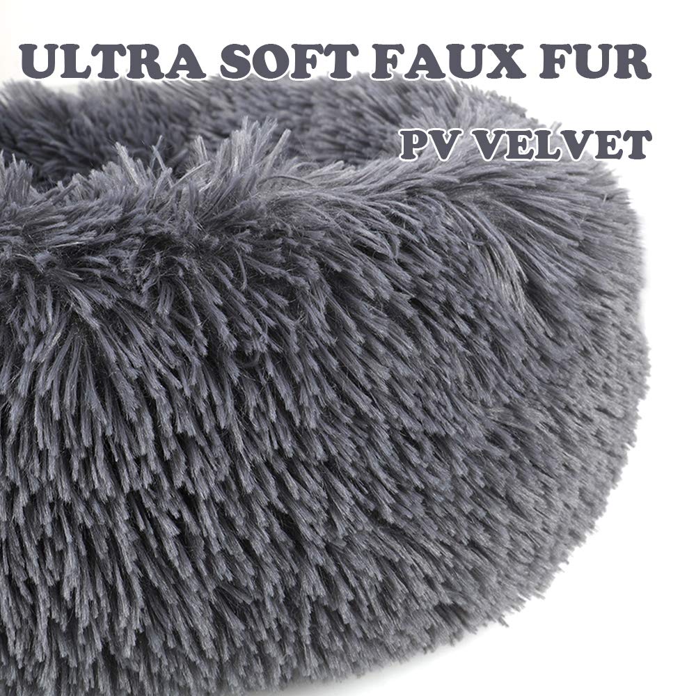 Otoez Round Plush Donut Pet Bed Warm Fur Cuddler Dog Cat Cushion Bed Calming Bed Non-Slip Bottom (19.7', Dark Grey)