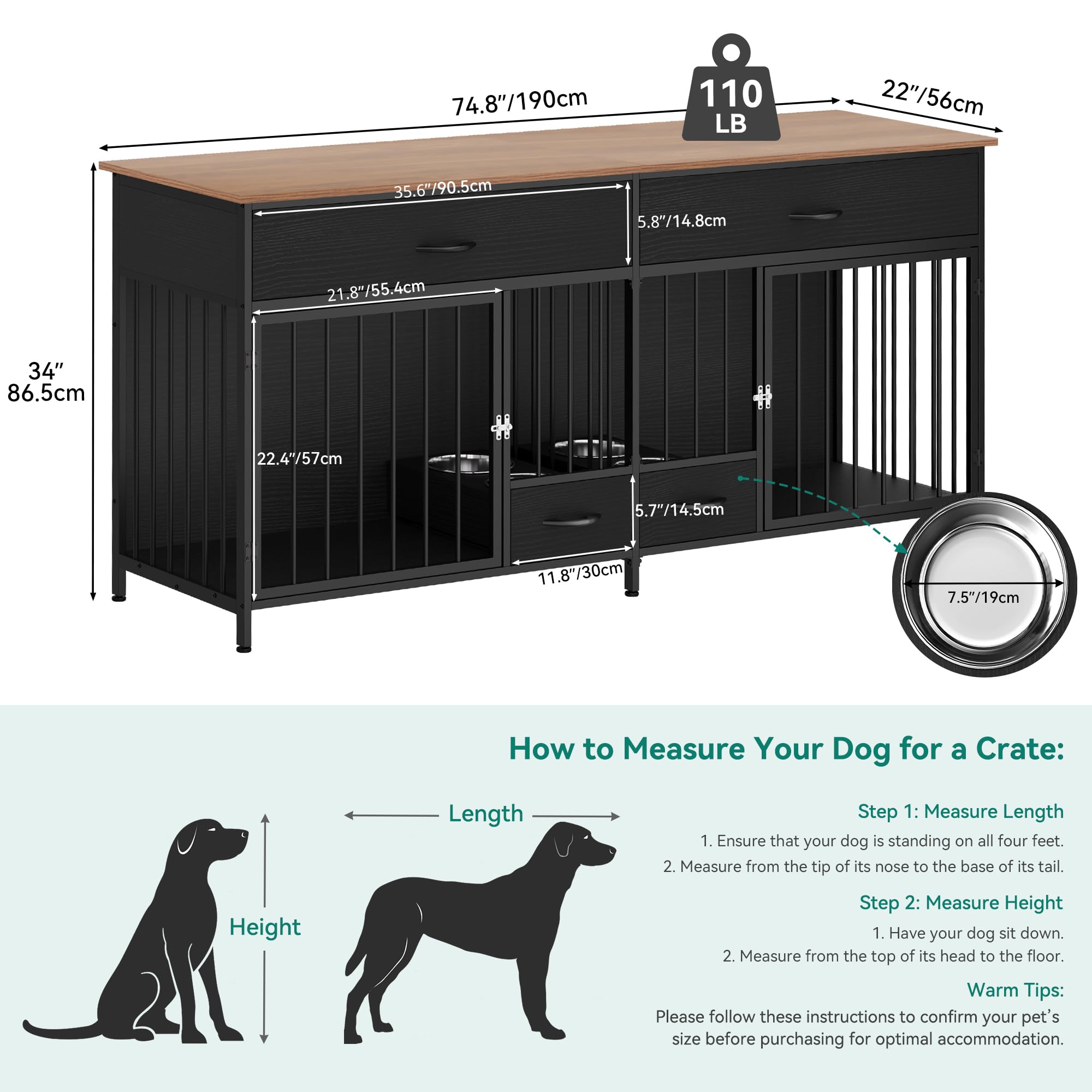 DWVO Double Dog Crate TV Stand, 74.8" Wooden Kennel with Feeder, Black, Storage for 2 Small Medium Dogs, Model MADWVg5Sqe