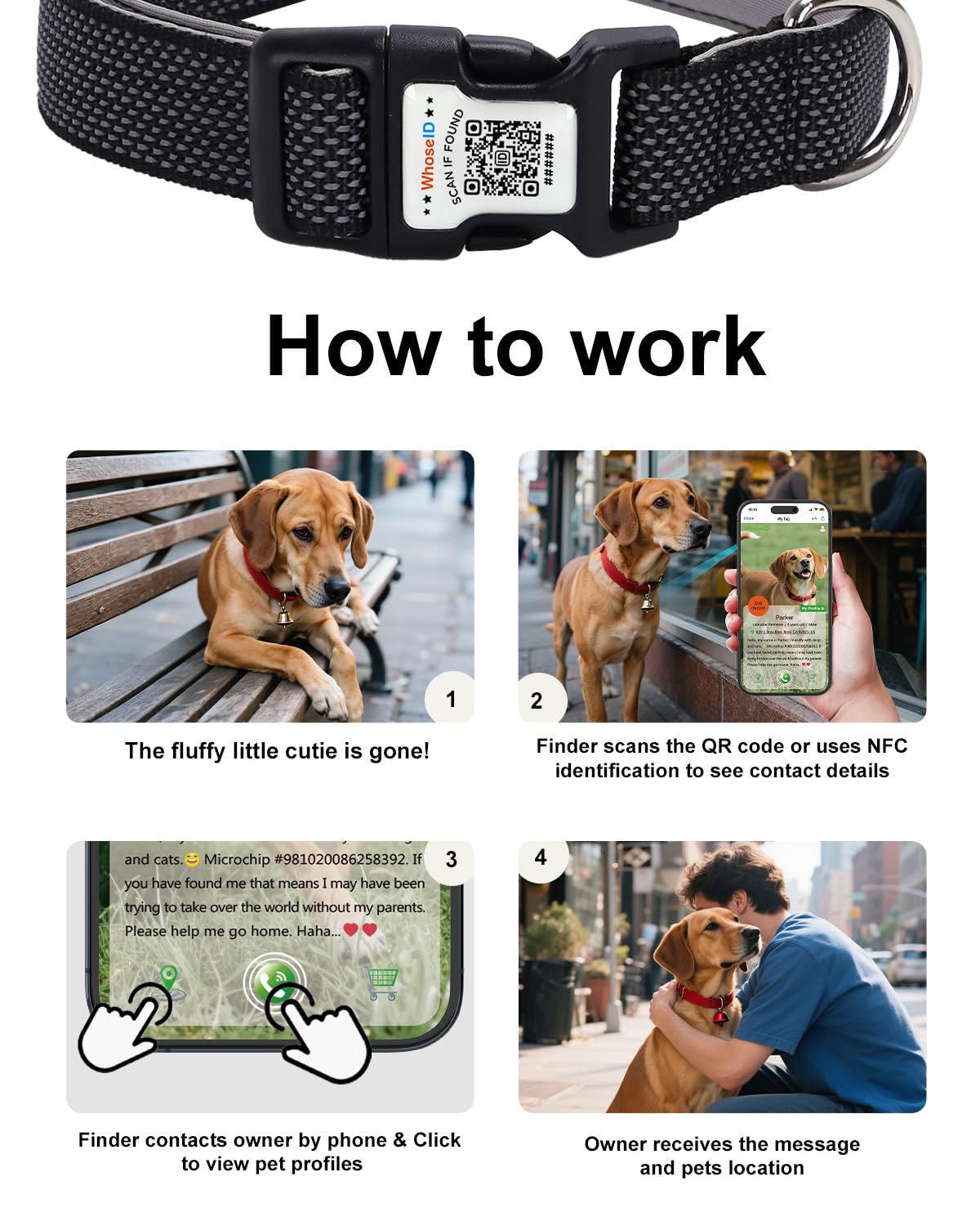 Whoseid Reflective Dog Collar With Airtag Holder,Adjustable Dog Collar With Neoprene Padded & Anti-Lost Qr Code Buckle (Black, M