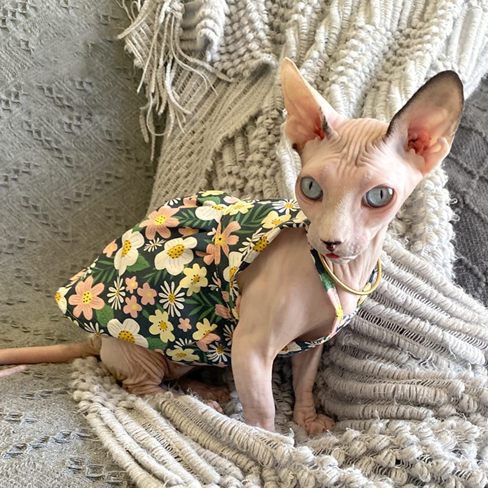 Hairless Cat Clothes - Breathable Summer Cotton Sundress With Sunflower Print Sleeveless Skirt Elegant Romantic Girly Vest Soft