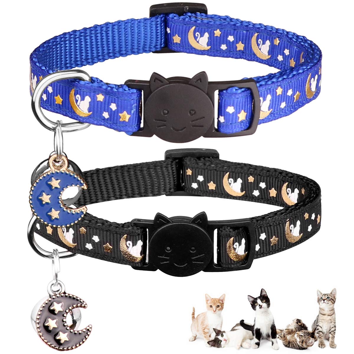 2Pcs Breakaway Cats Collars Cat Collars For Boy Cats Moons Adjustable Kitten Collars With Bell & Pendant Glow In The Dark,Black+
