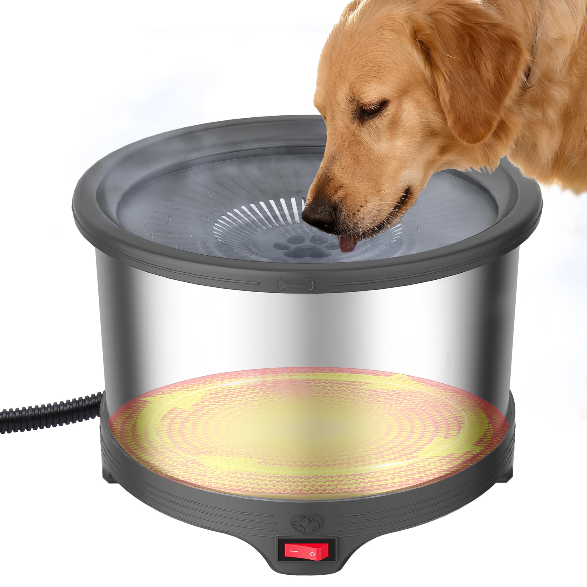 Twinsing 6.5L Heated Water Bowl, Stainless Steel Outdoor Heated Dog Bowl with Anti-Chew Cord, Large Capacity Heated Pet Slow Dri
