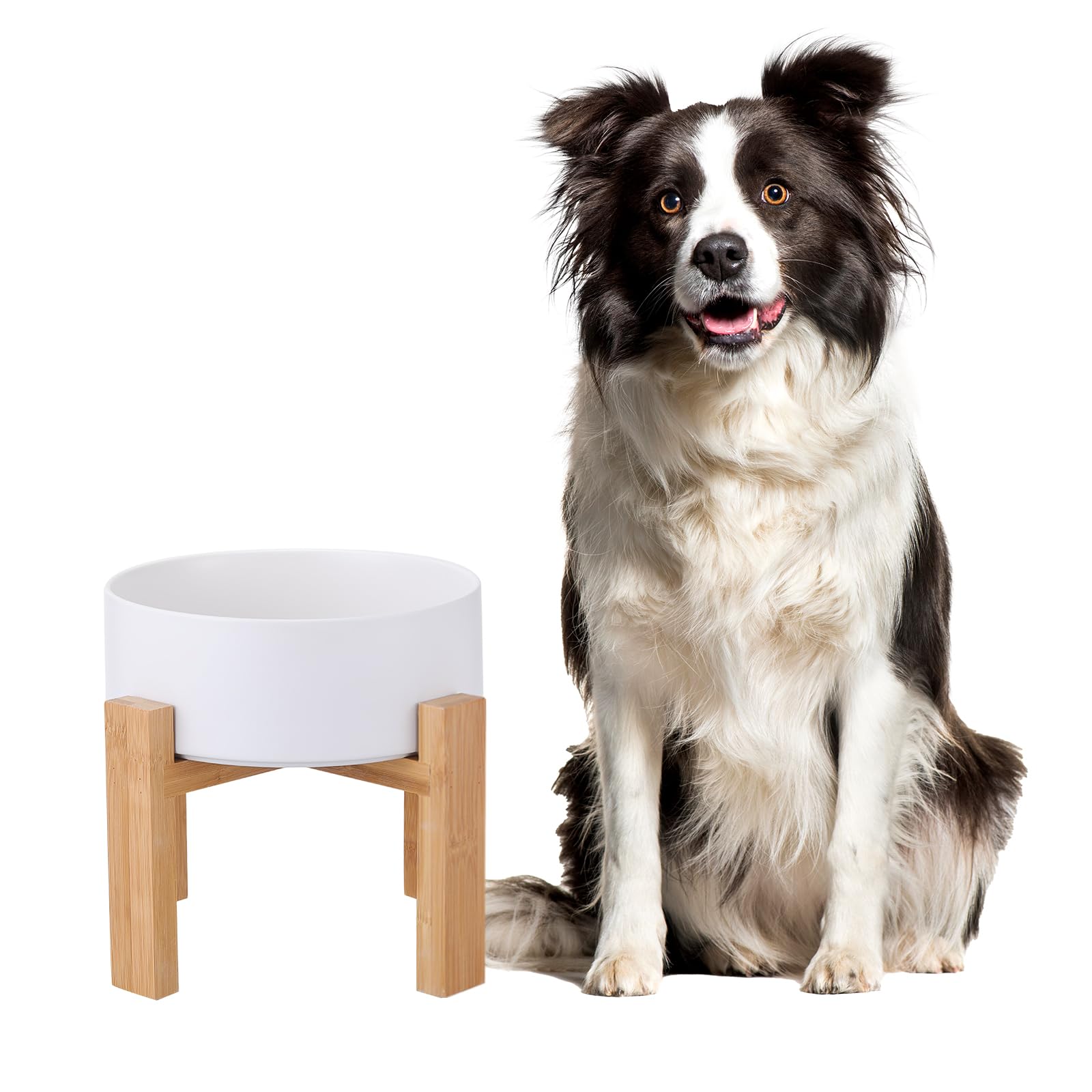 Raised Ceramic Large Dog Bowl - Heavy Weighted Dog Dish with Bamboo Stand - Elevated for Comfortable Feeding - 8.3  W x 8  H - 4