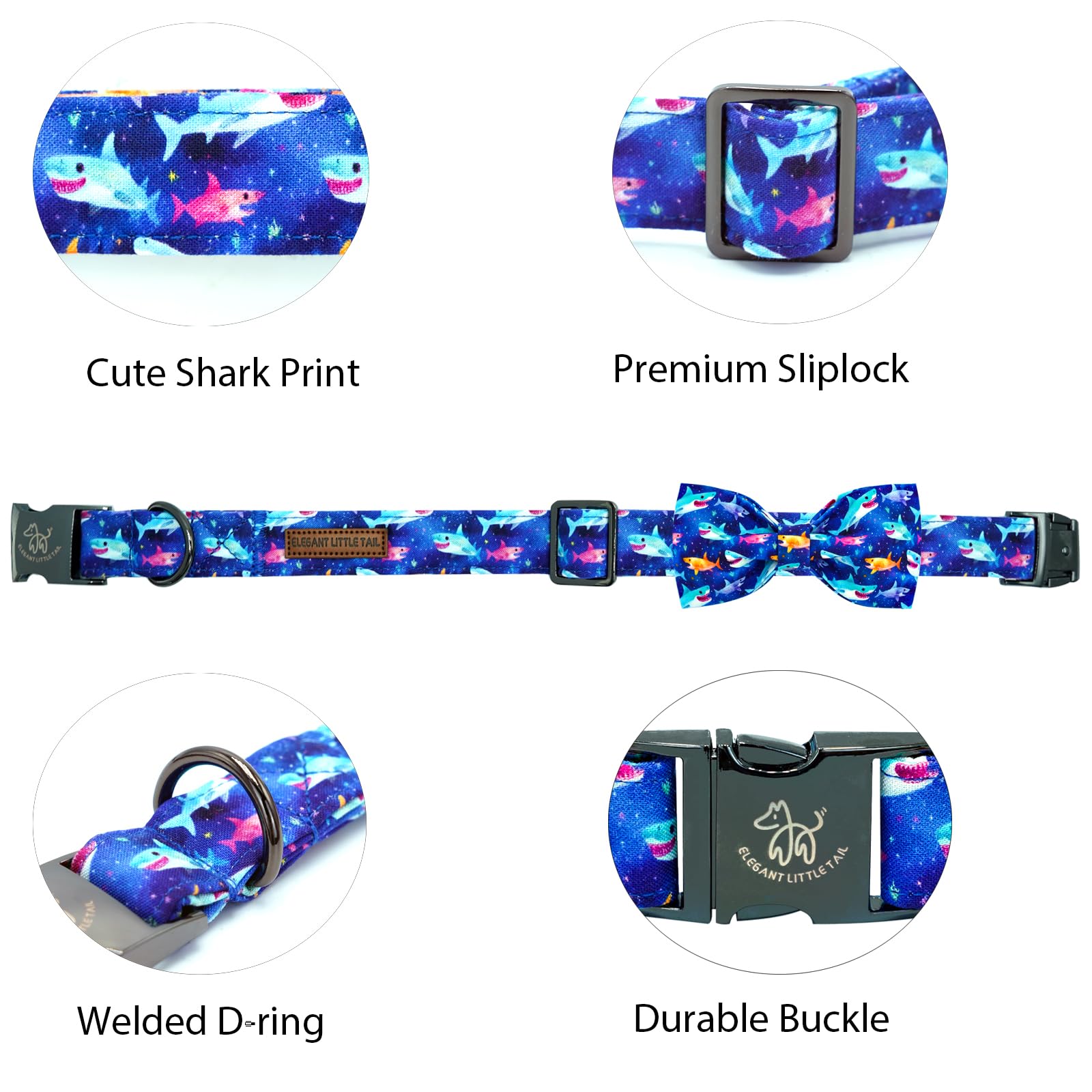 Elegant Little Tail Dog Collar- Cute Shark Dog Collar With Bow For Small Puppy, Male Adjustable Cotton Summer Pet Holiday Puppy