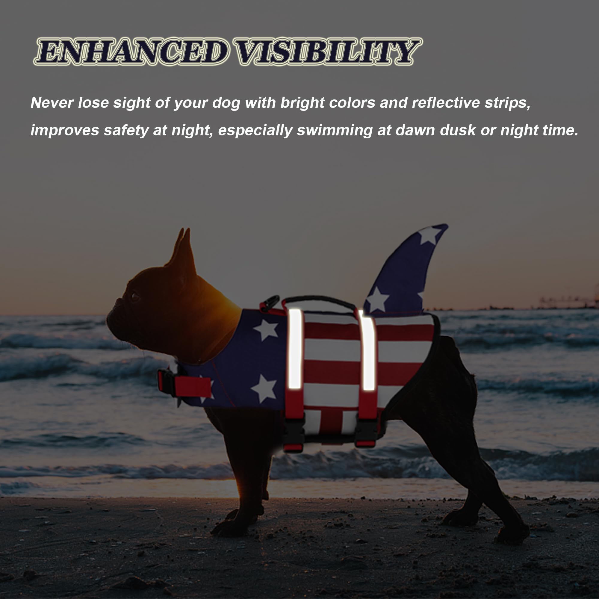 Dogcheer Dog Life Jacket Shark, American Flag Dog Life Vest With Reflective Stripes & Rescue Handle, Adjustable High Buoyancy Pu