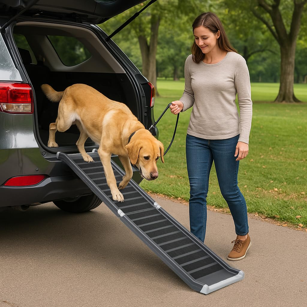 Magshion Folding Dog Ramp For Large Dogs, 63 L Portable Pet Ramp For Cars & Trucks, Non Slip, Metal Frame, Raised Siderails, E