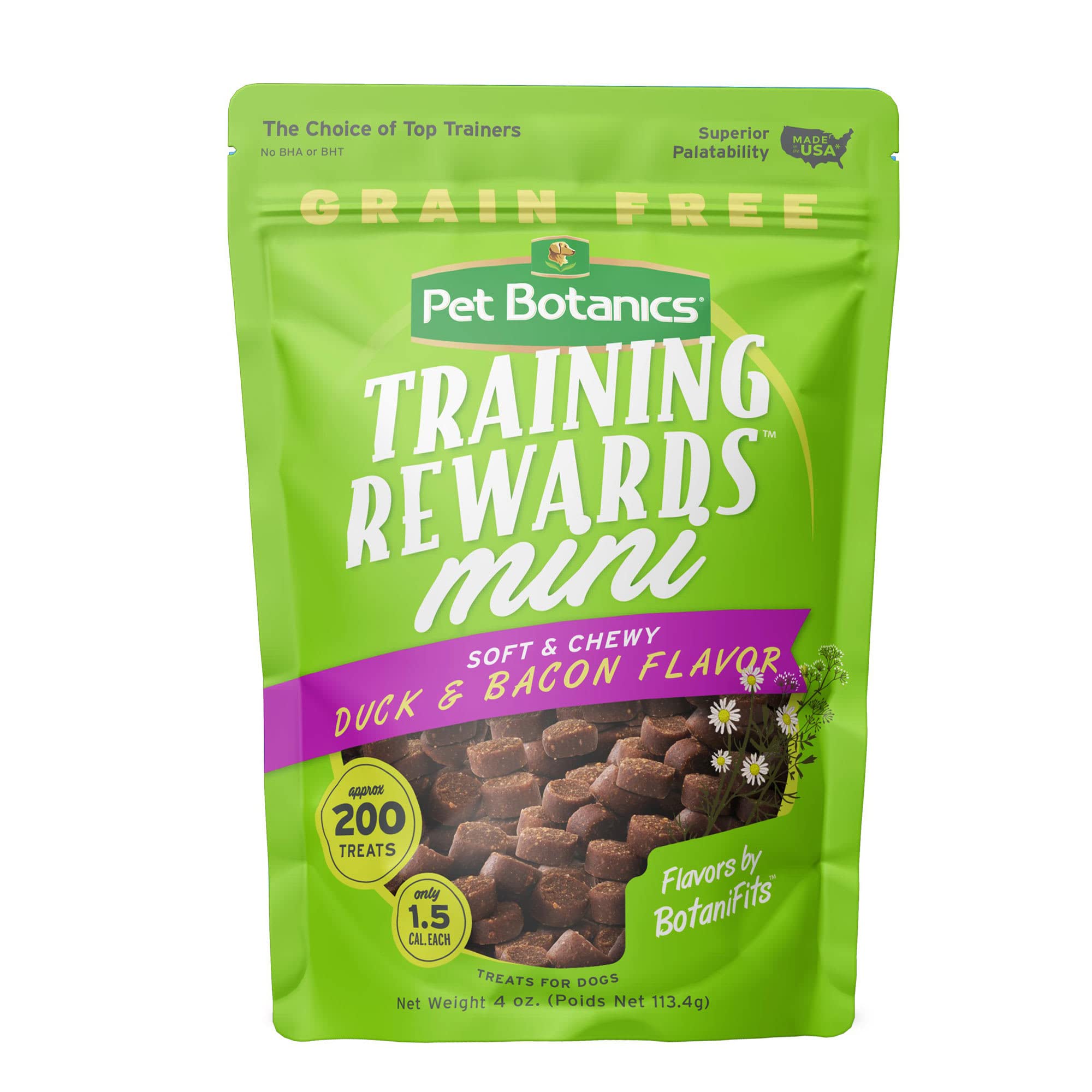 Pet Botanics 4 oz. Pouch Training Reward Mini Soft & Chewy, Duck and Bacon Flavor, with 200 Treats Per Bag, The Choice of Top Tr