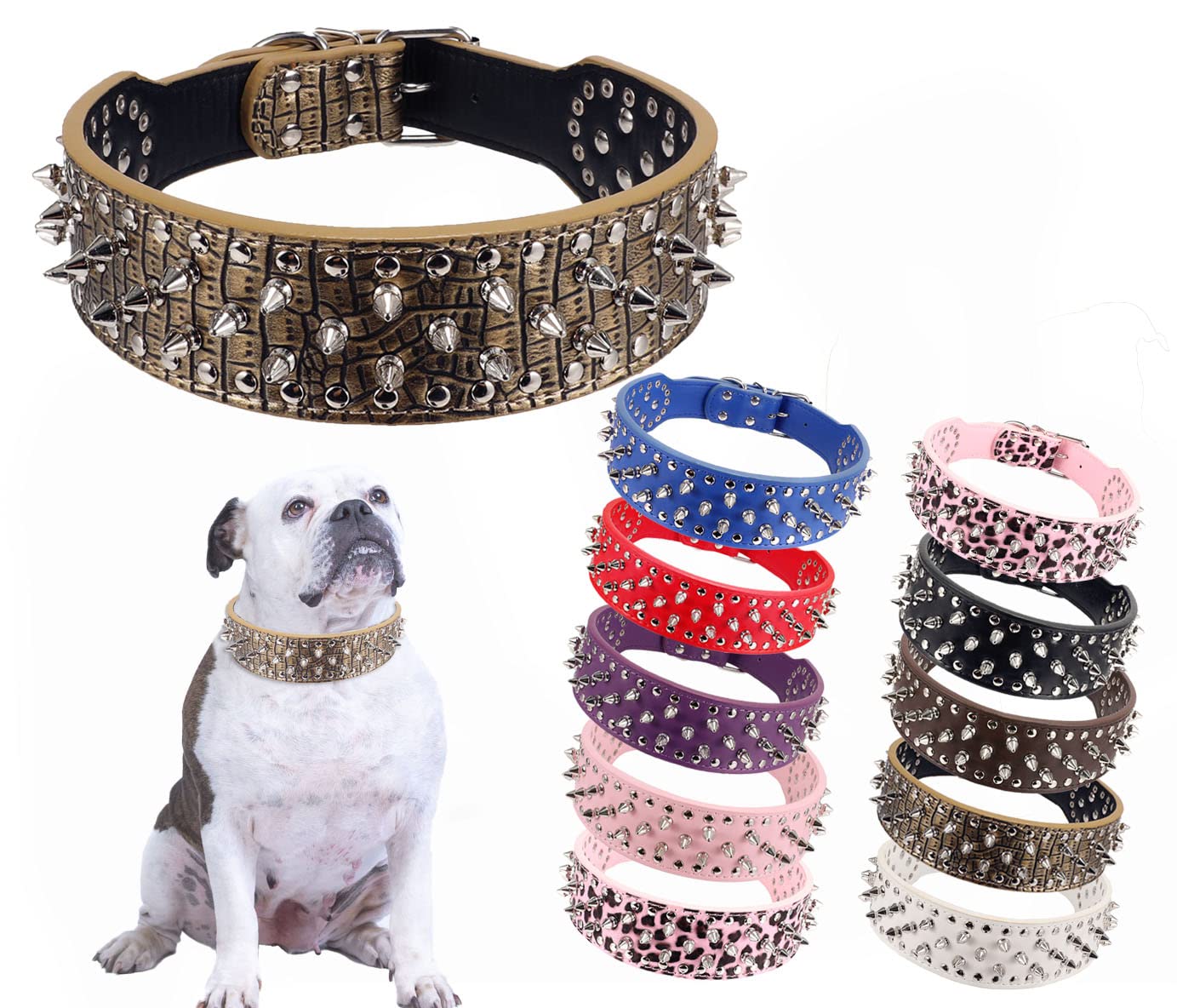 Hoot PU Leather Adjustable Spiked Studded Dog collar 2 Wide 43 Spikes (L(Neck 21-24), golden)