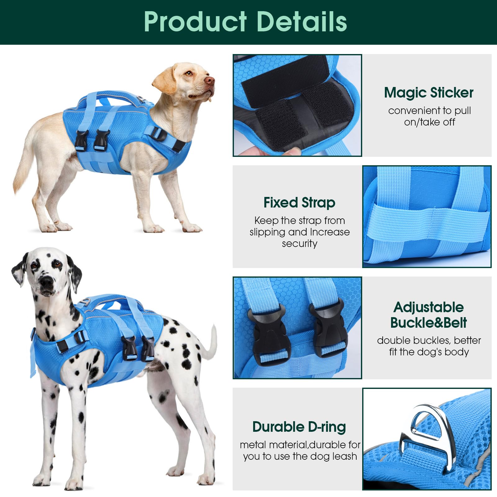 Kuoser Dog Life Jacket High Flotation, Reflective Dog Life Vest For Swimming Boating, Adjustable Small Medium Large Dog Lifejack
