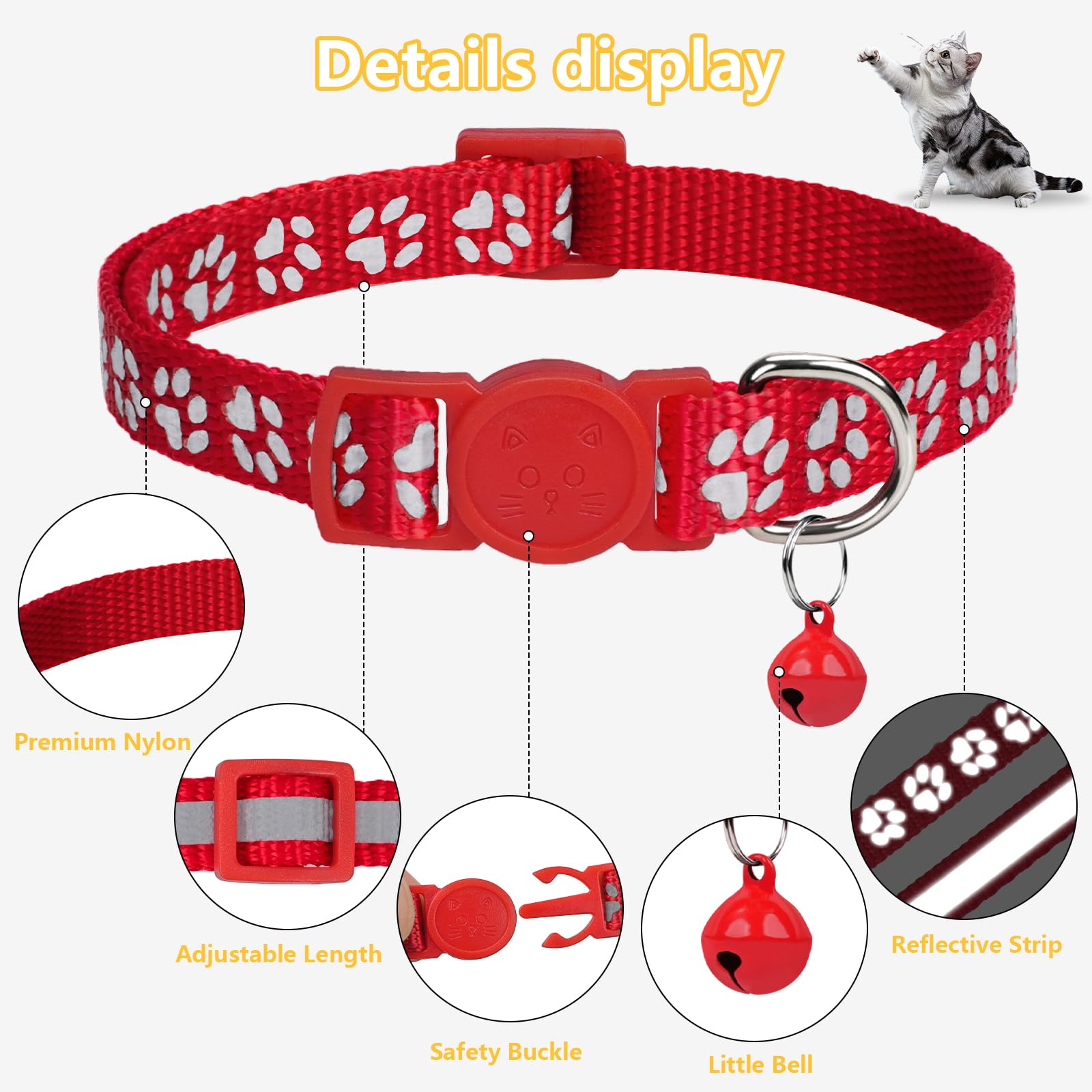 Taglory Reflective Cat Collar Breakaway With Bells, 2 Pack Girl Boy Pet Cat Collar Adjustable 7.5-12.5 Inch, Red