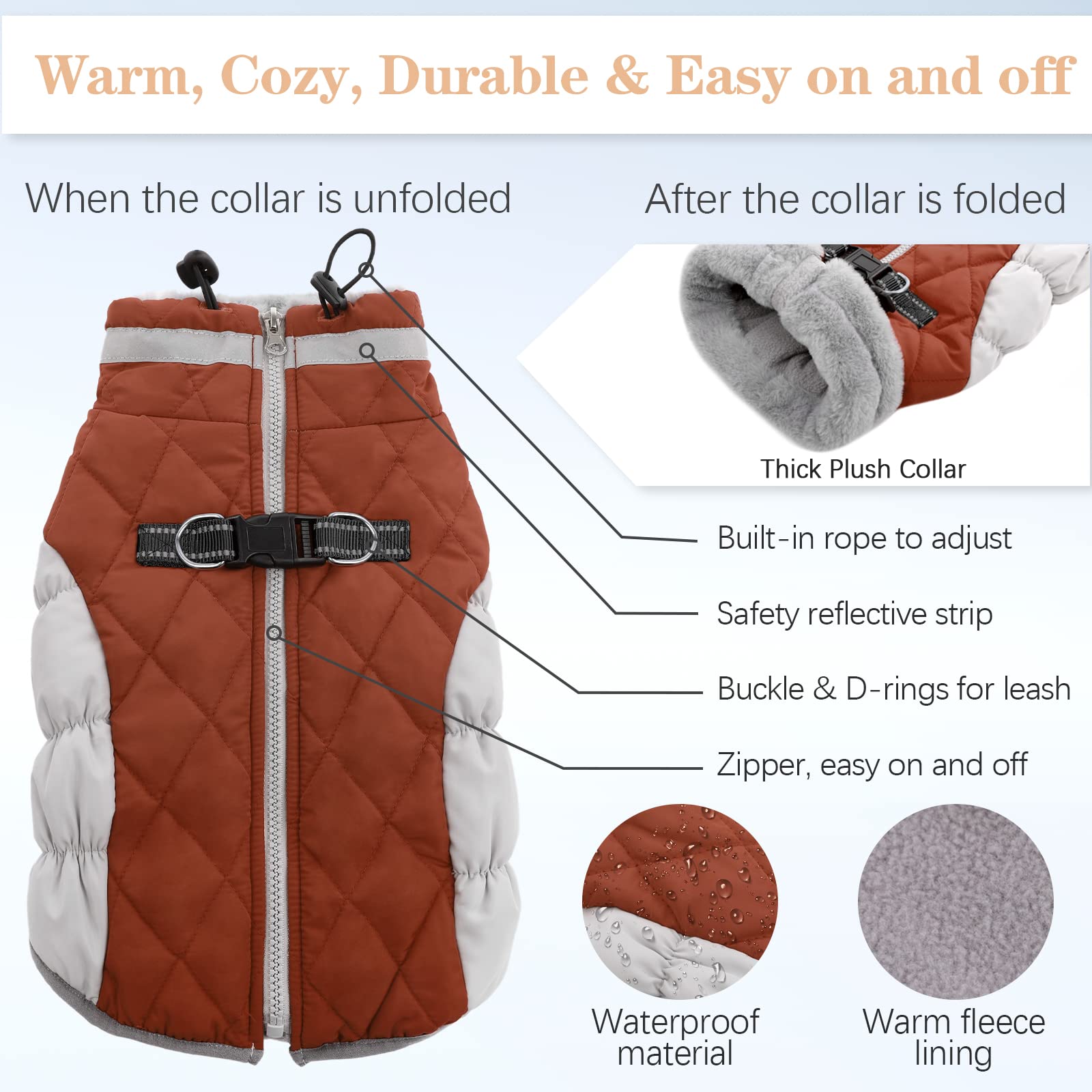 Ouobob Dog Winter Jacket Cozy Reflective Waterproof Dog Coat Windproof Warm Pet Garment, Comfortable Cold Weather Fleece Apparel Outfits With Zipper Closure For Small Medium Large Dogs Puppy Walking
